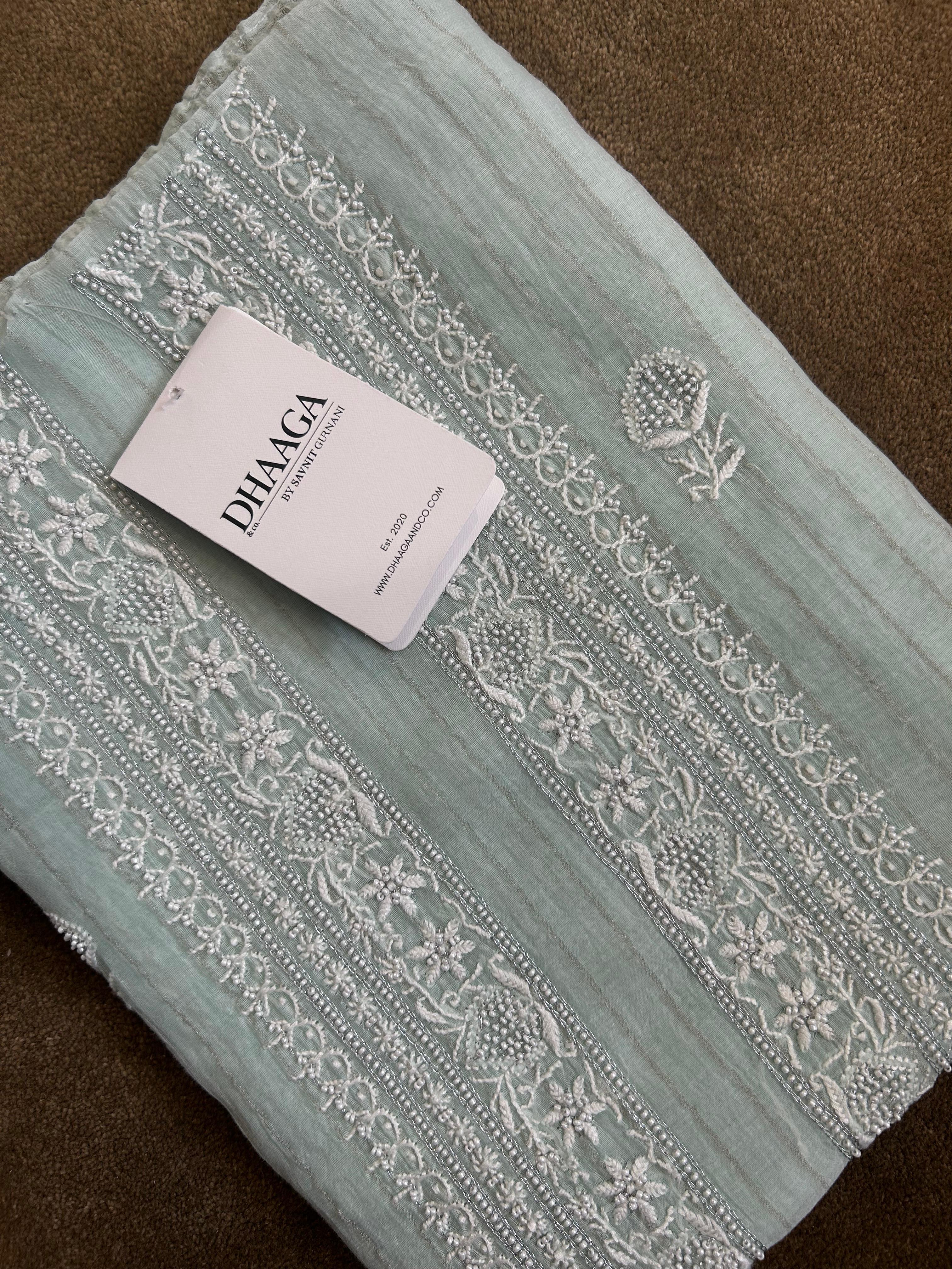 Green Mens Mul Chanderi Chikankari kurta