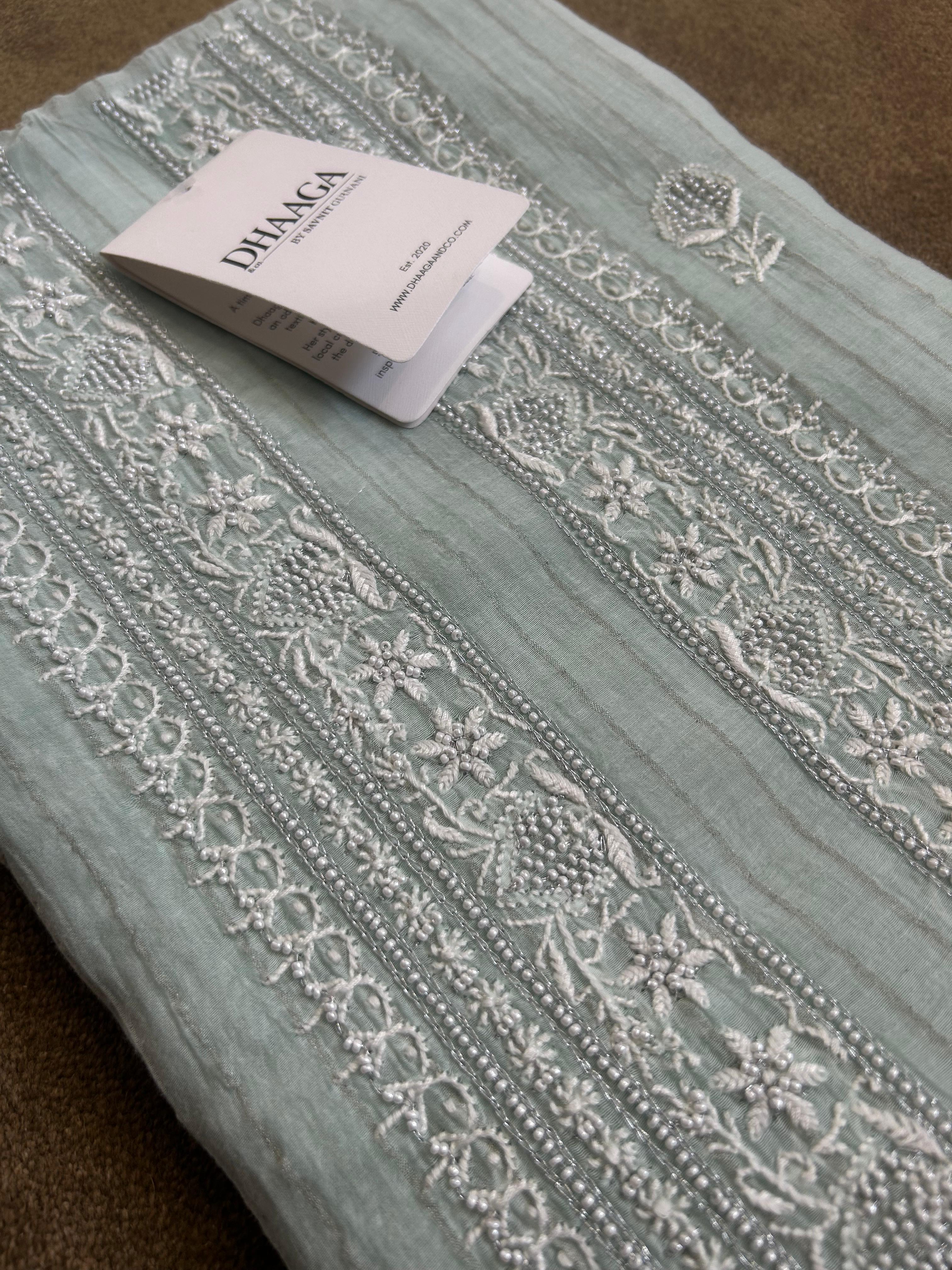 Green Mens Mul Chanderi Chikankari kurta