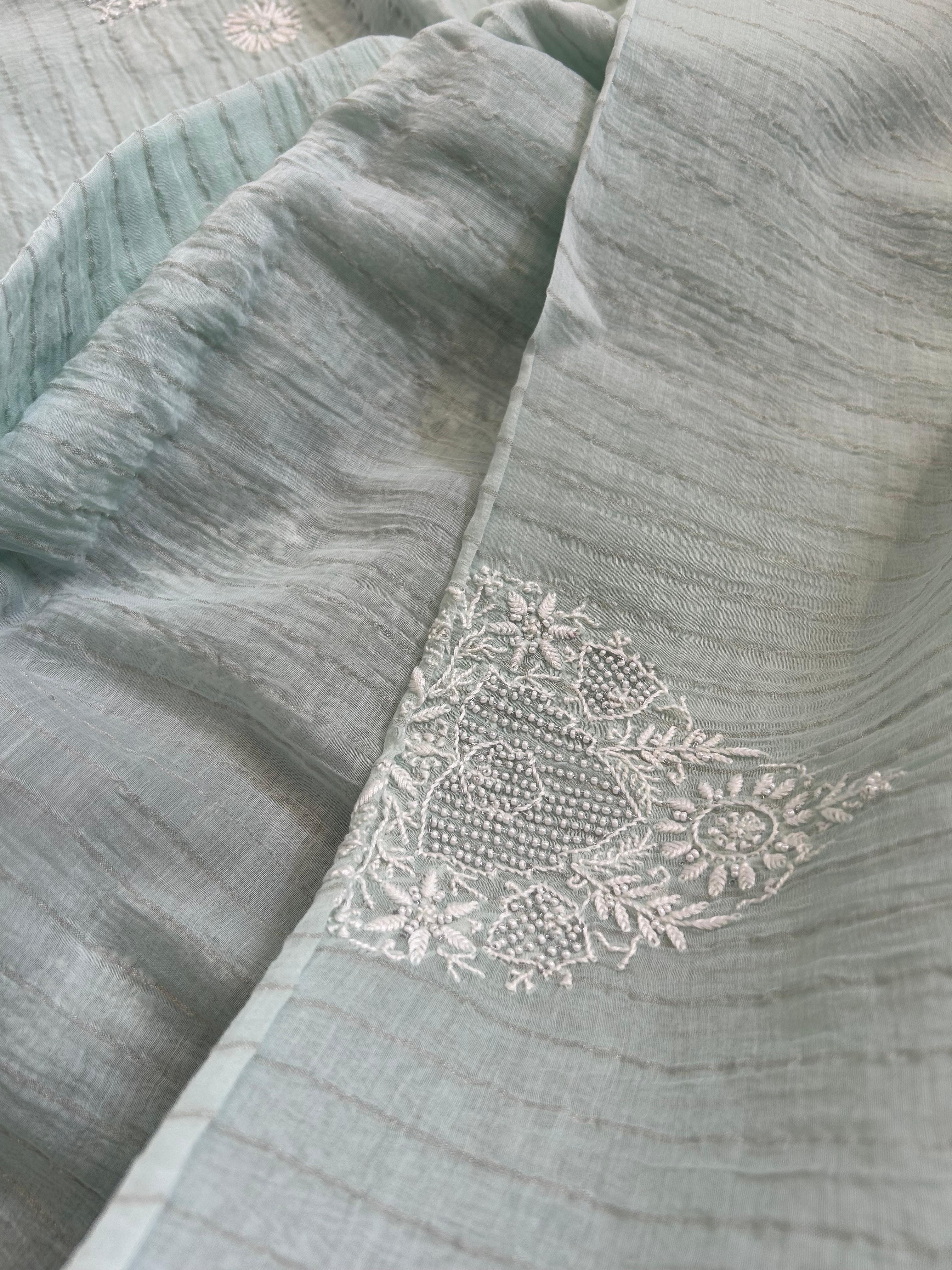 Green Mens Mul Chanderi Chikankari kurta