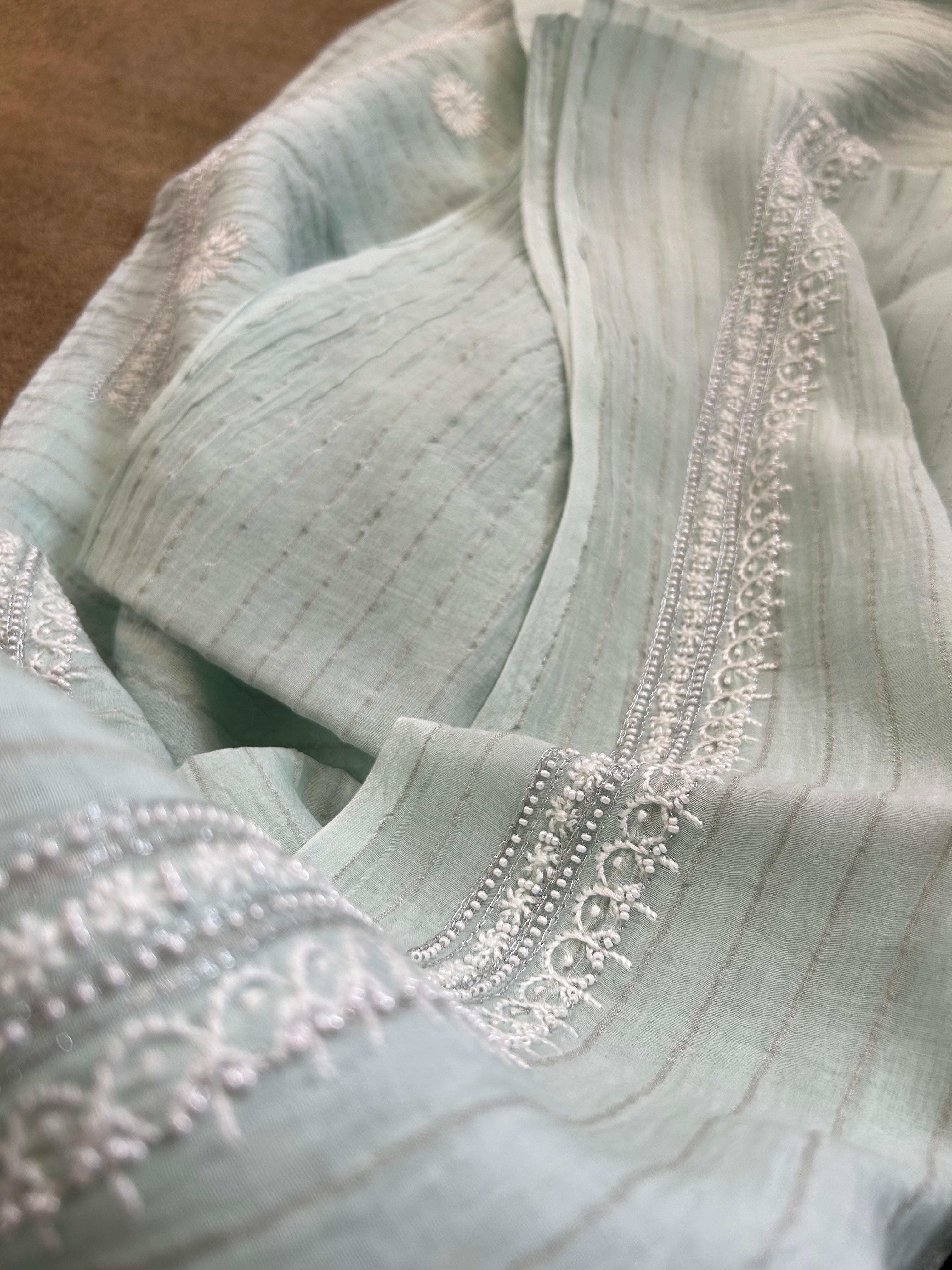 Green Mens Mul Chanderi Chikankari kurta