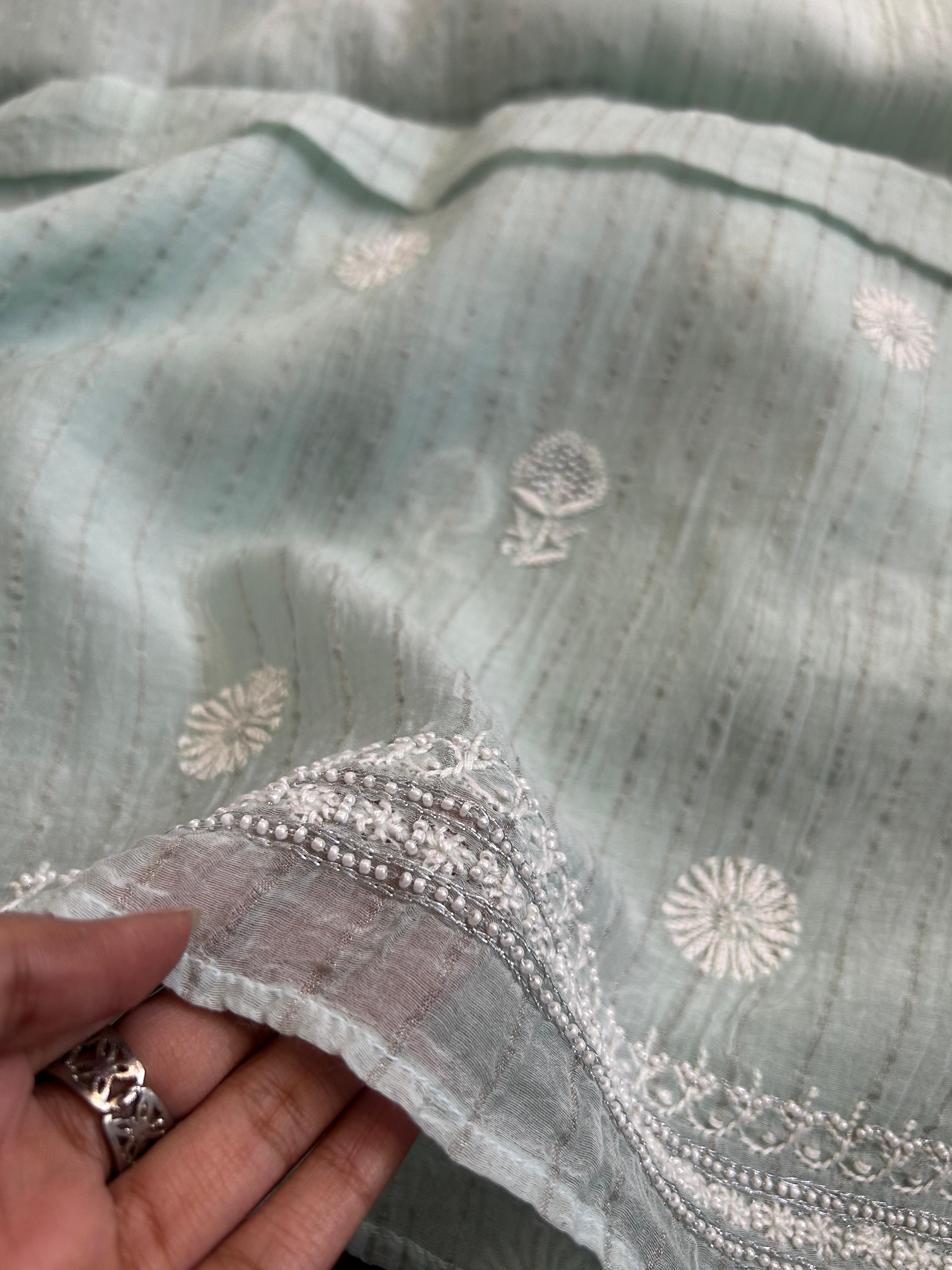 Green Mens Mul Chanderi Chikankari kurta
