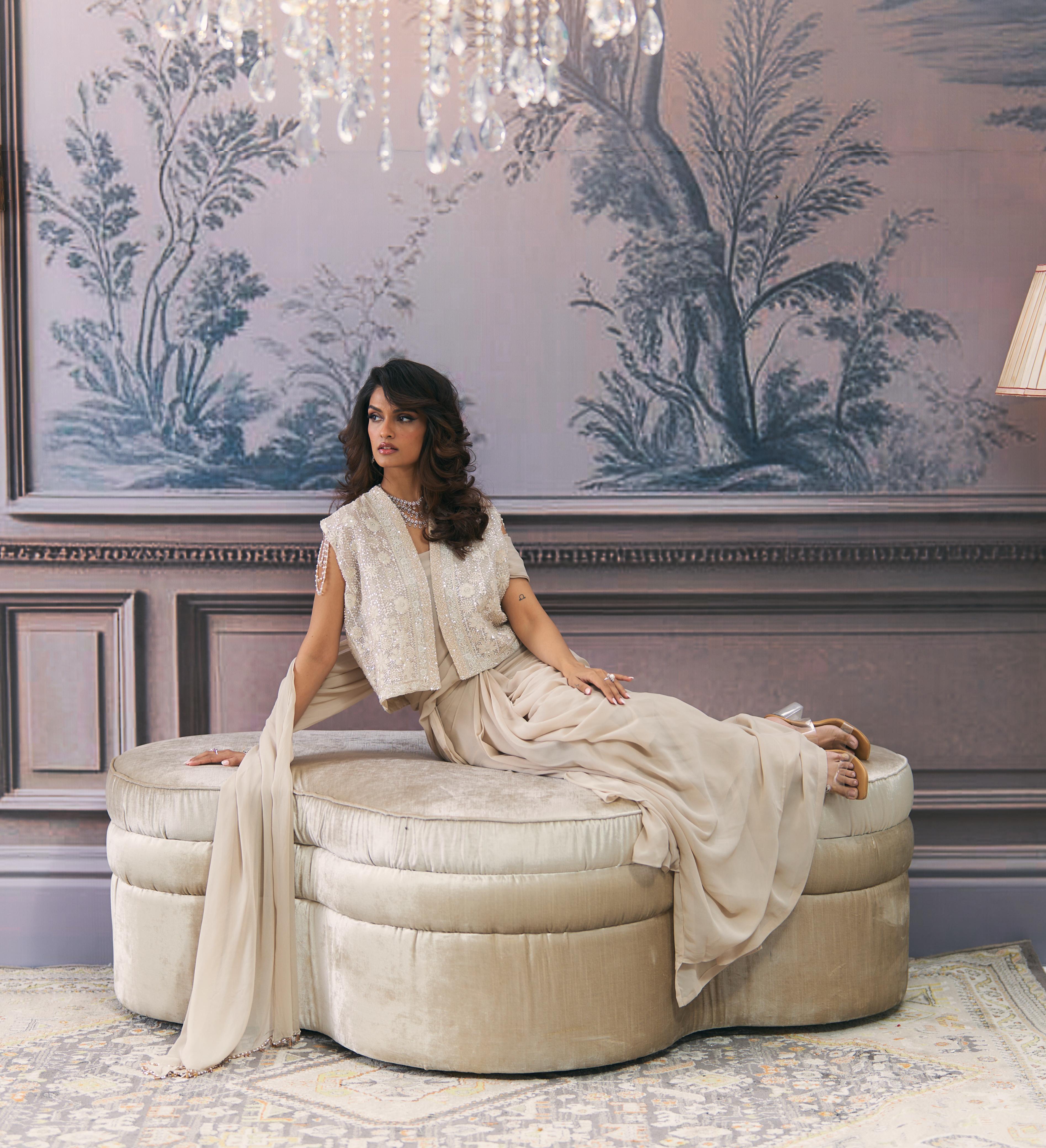 Pre-Draped Saree & Chikankari Jacket Set