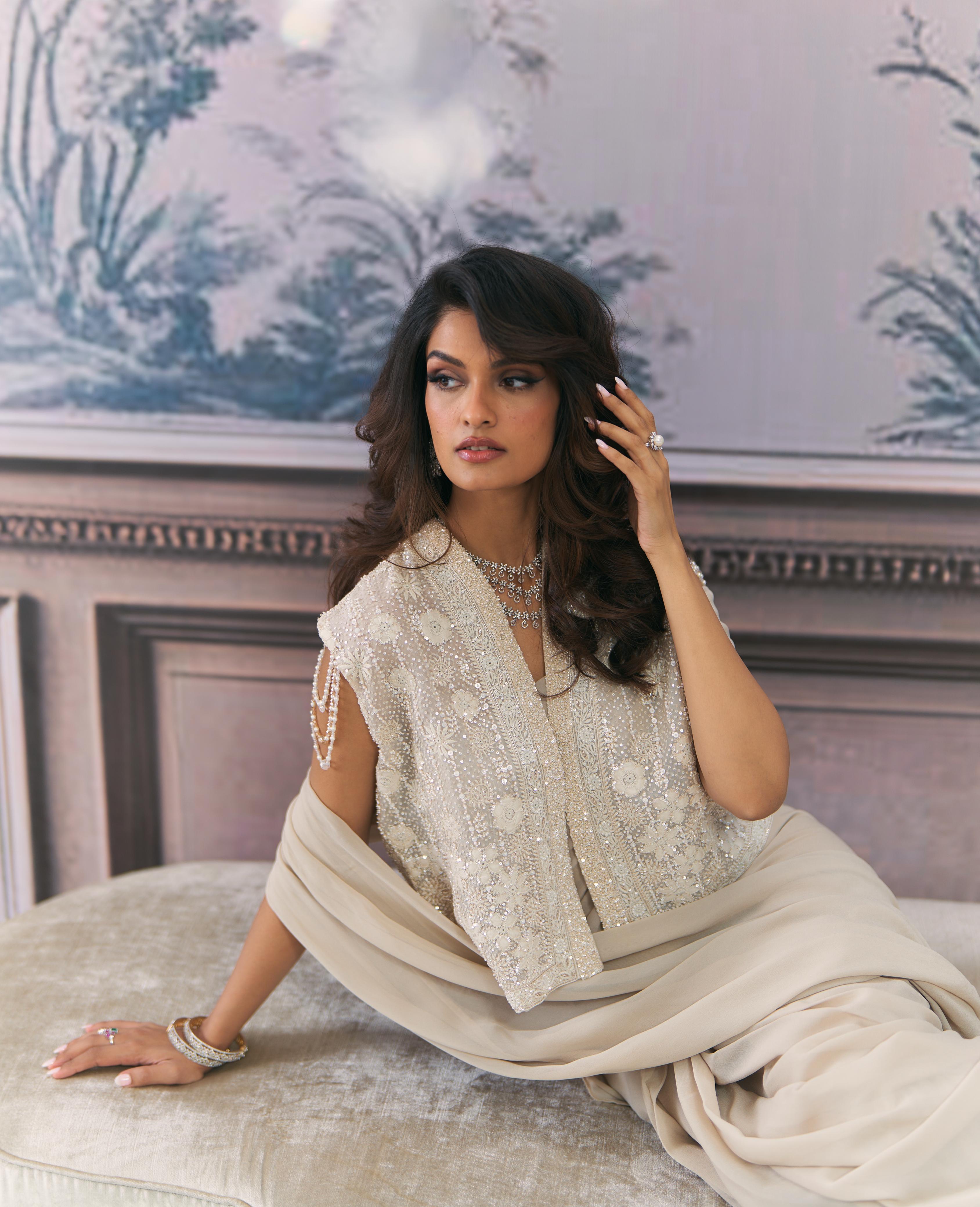 Pre-Draped Saree & Chikankari Jacket Set