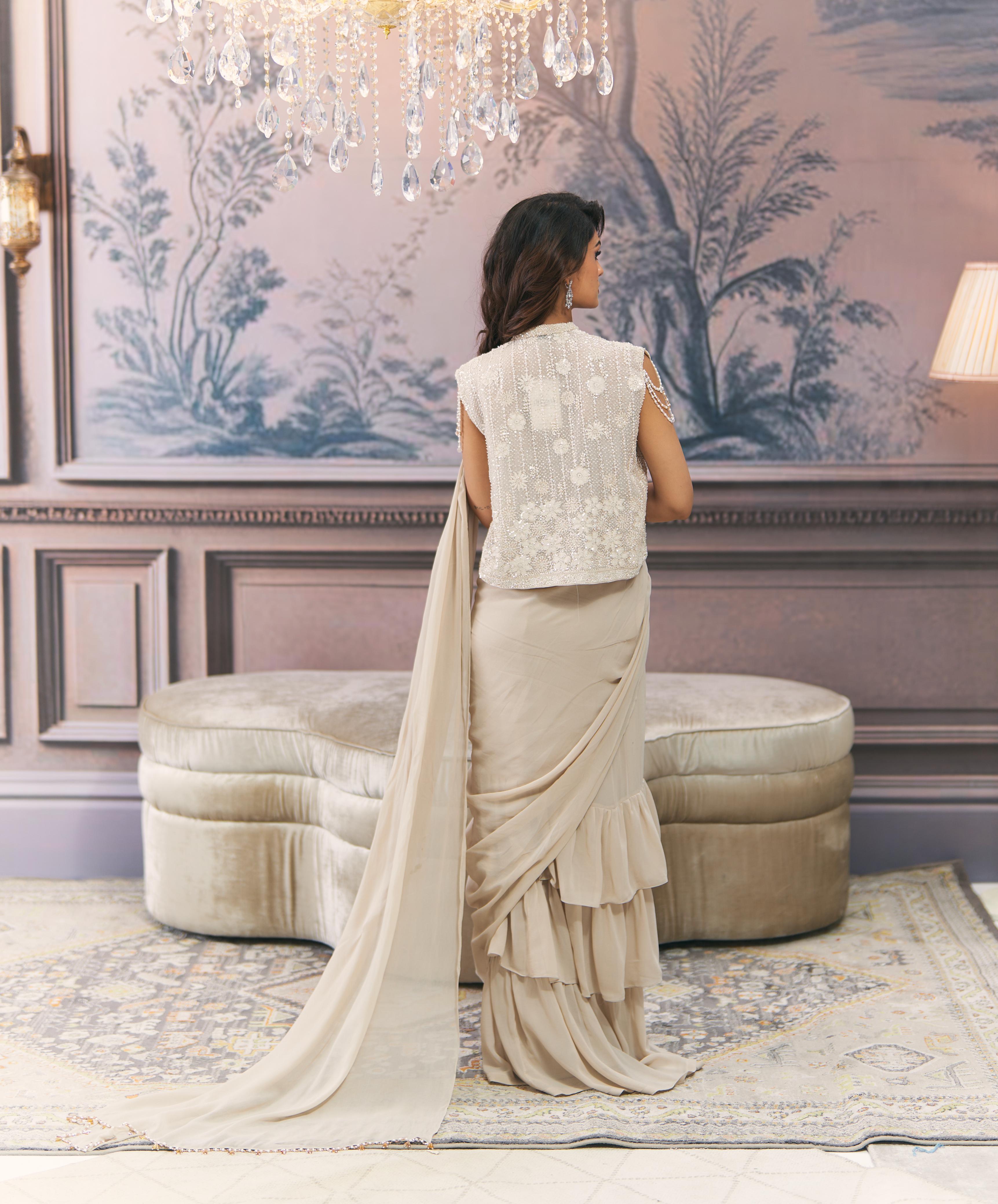 Pre-Draped Saree & Chikankari Jacket Set