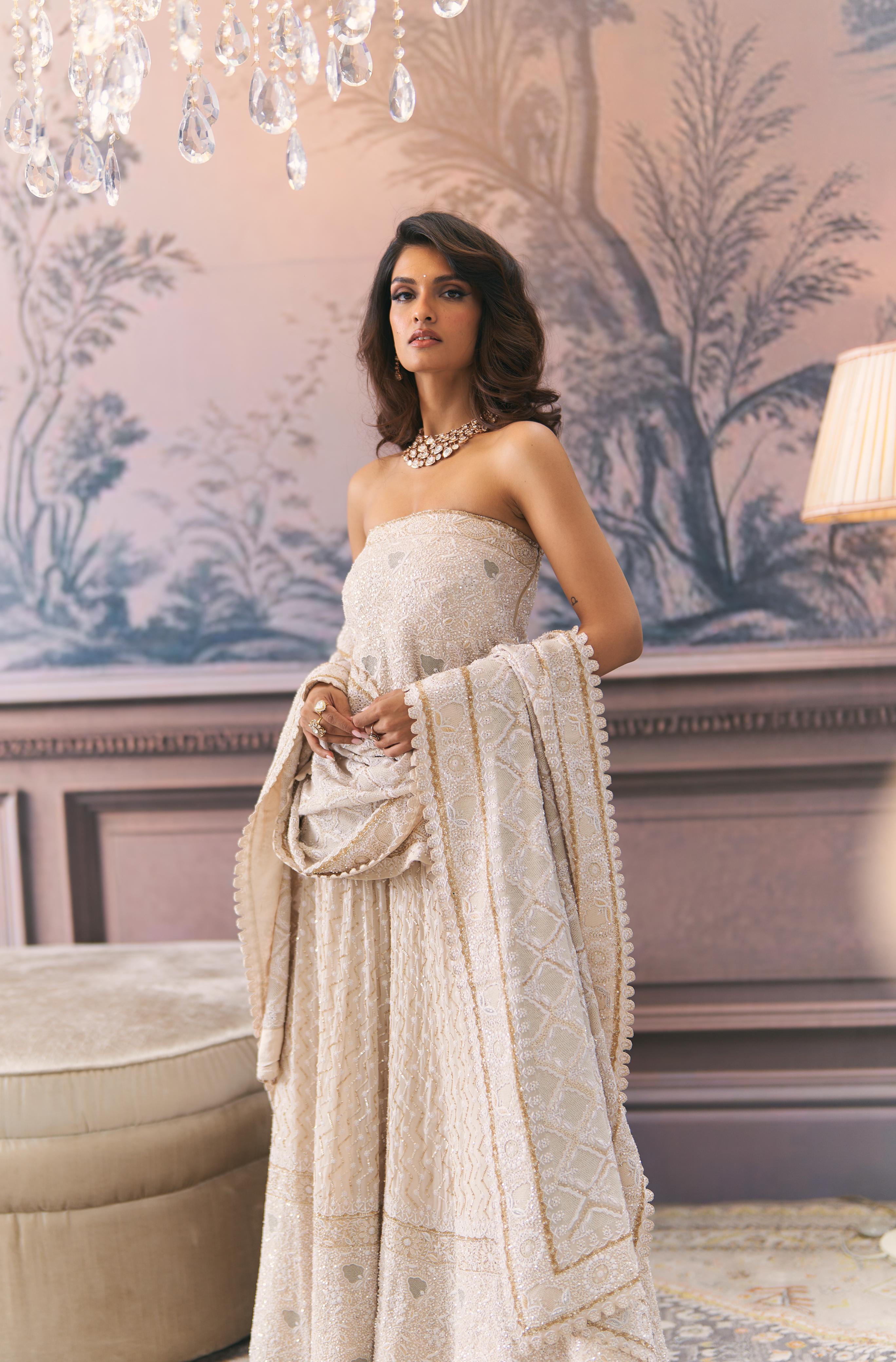 Ivory Off-Shoulder Statement Chikankari Sharara Set
