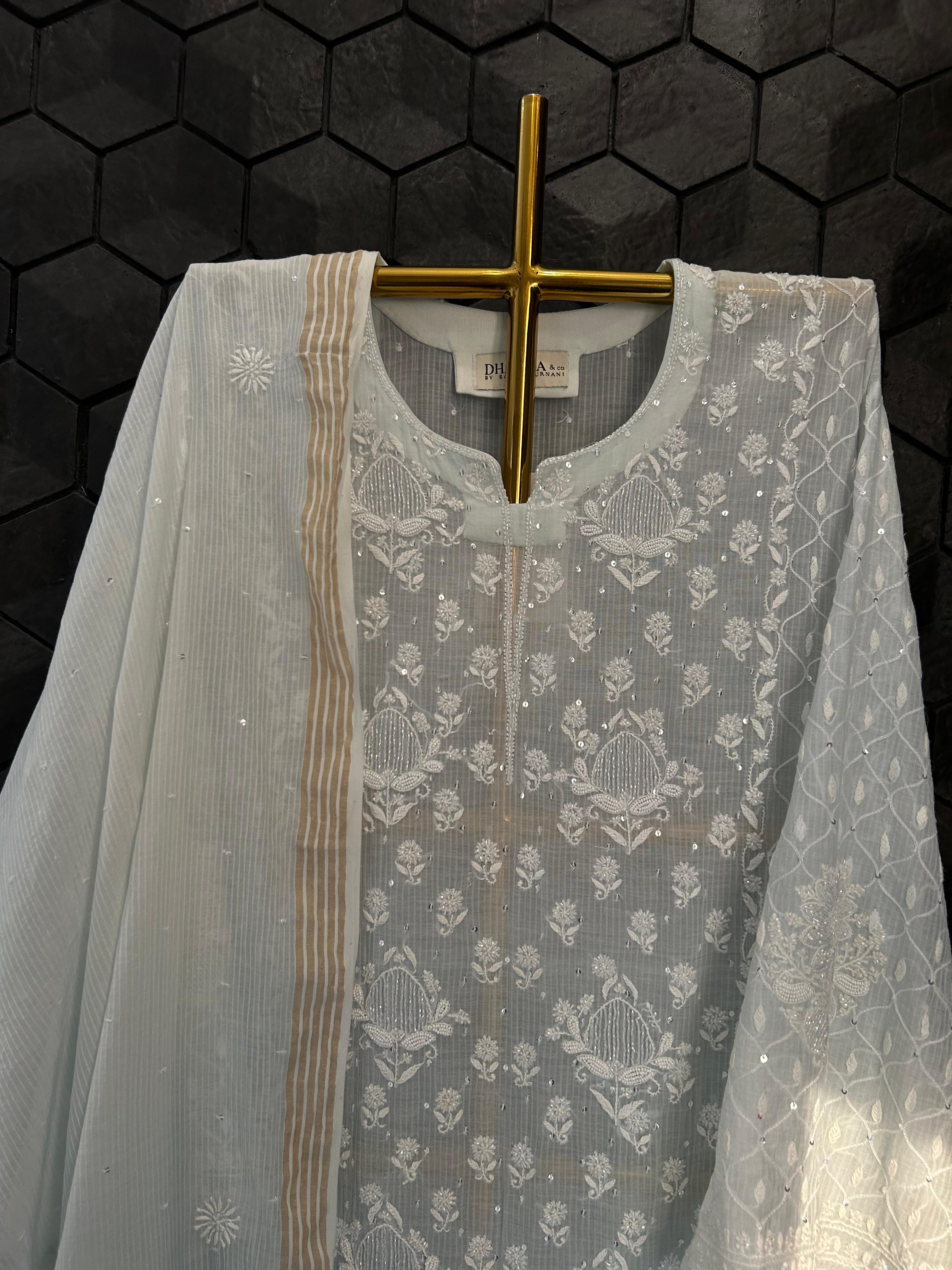 Sky Blue Maheshwari Chanderi Chikankari Kurta Set