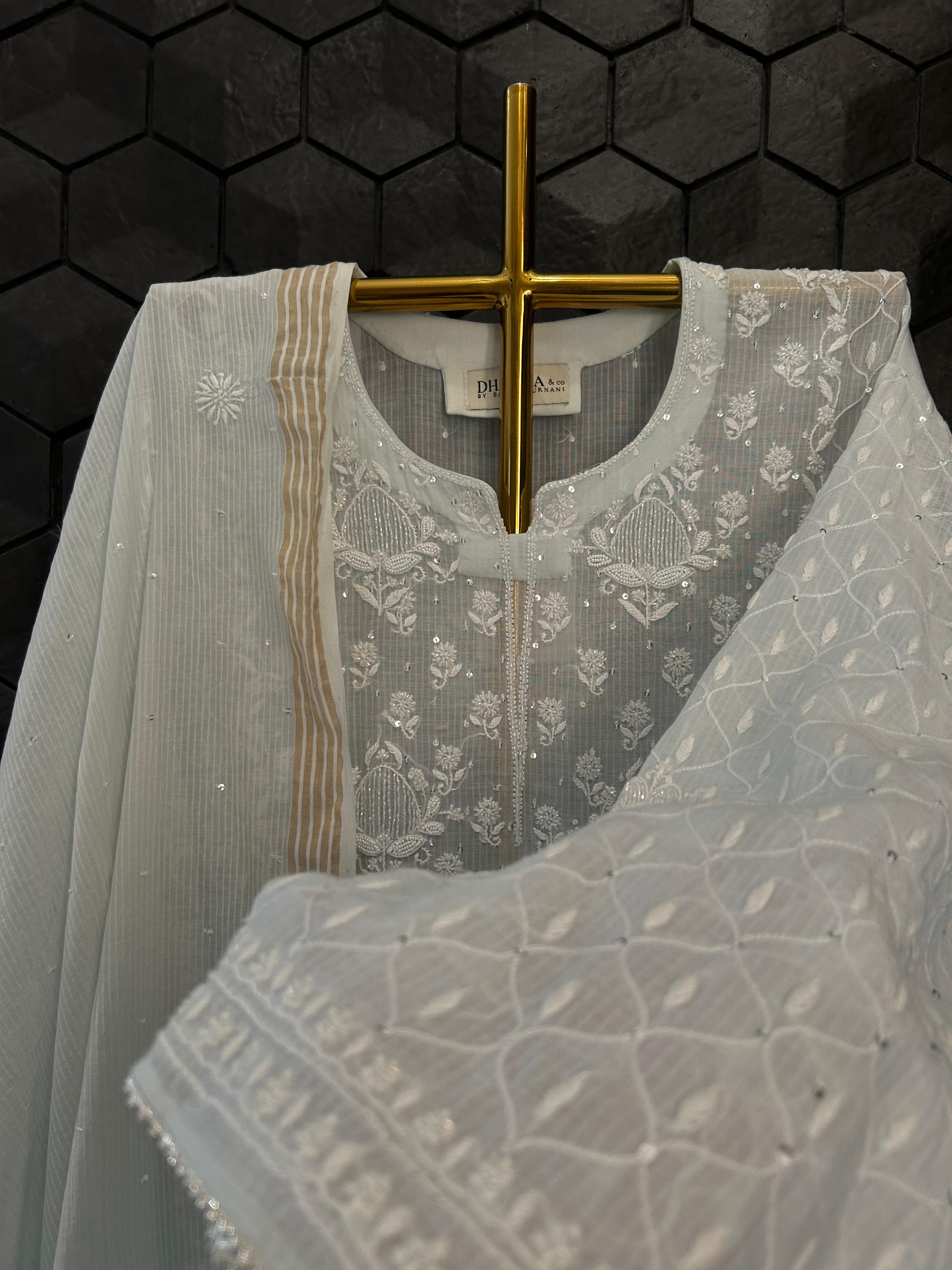 Sky Blue Maheshwari Chanderi Chikankari Kurta Set
