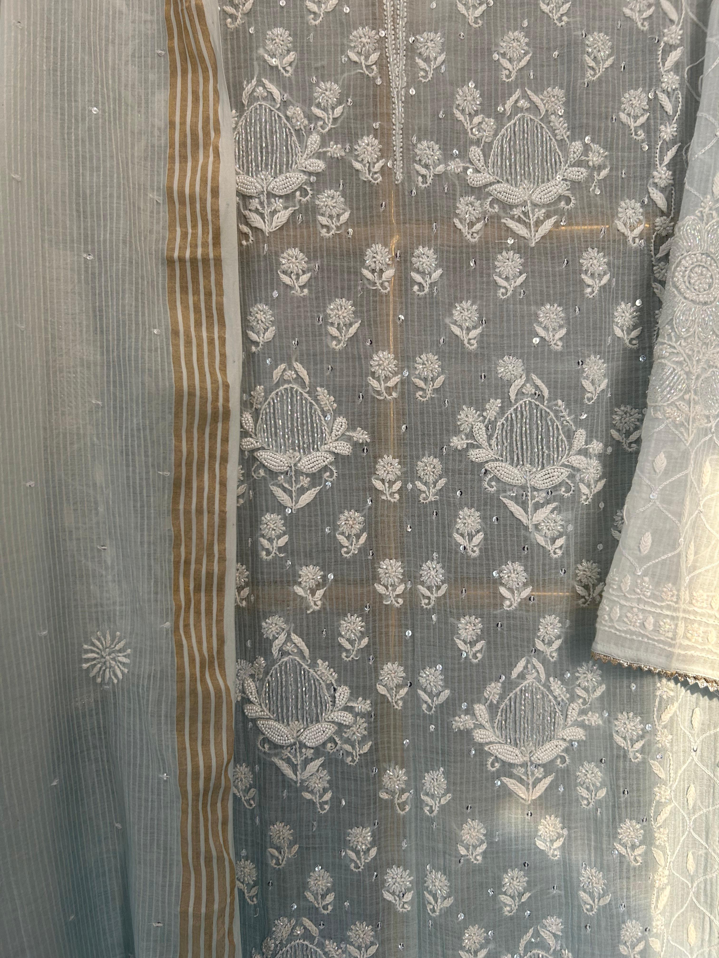 Sky Blue Maheshwari Chanderi Chikankari Kurta Set