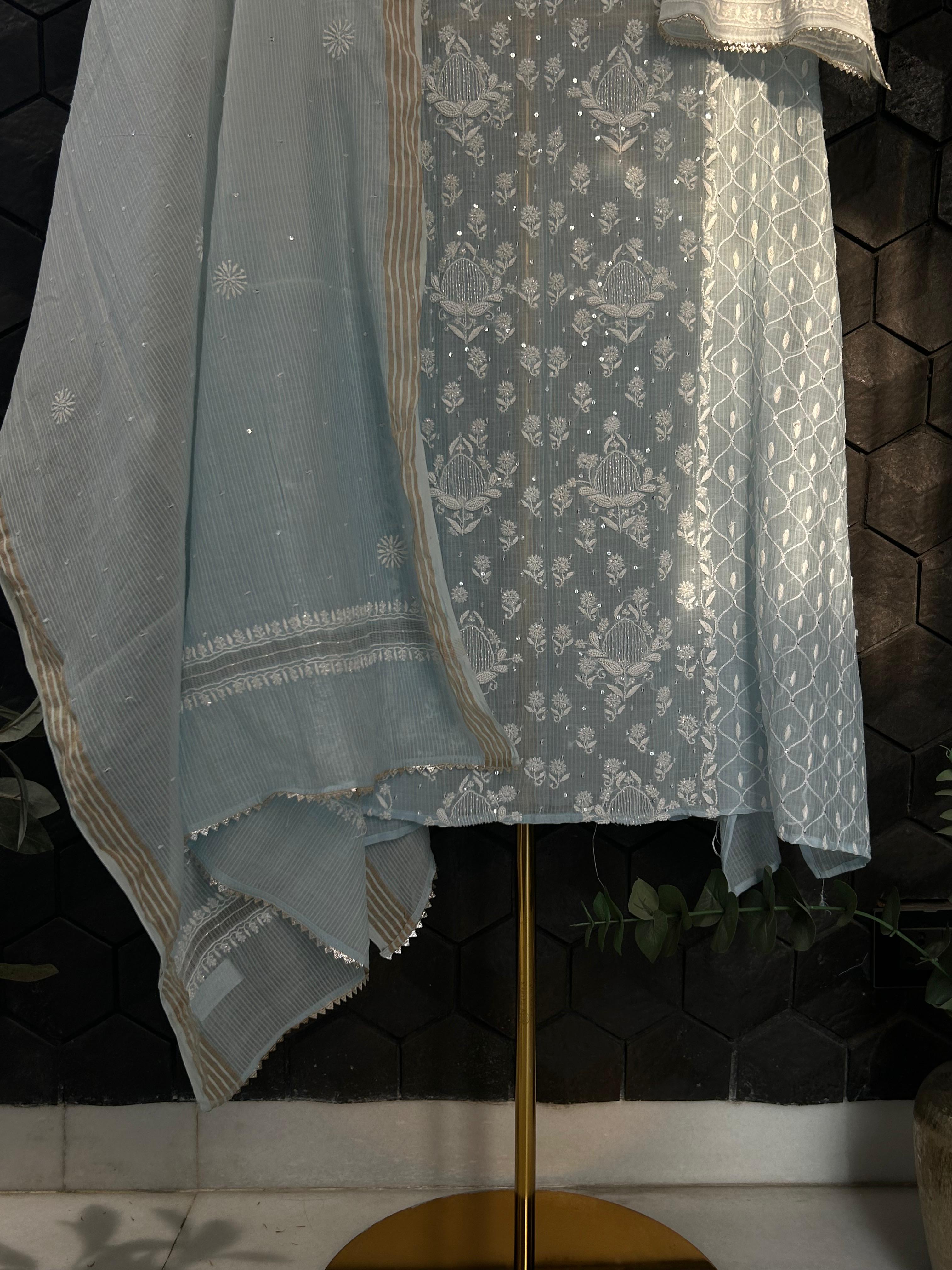 Sky Blue Maheshwari Chanderi Chikankari Kurta Set