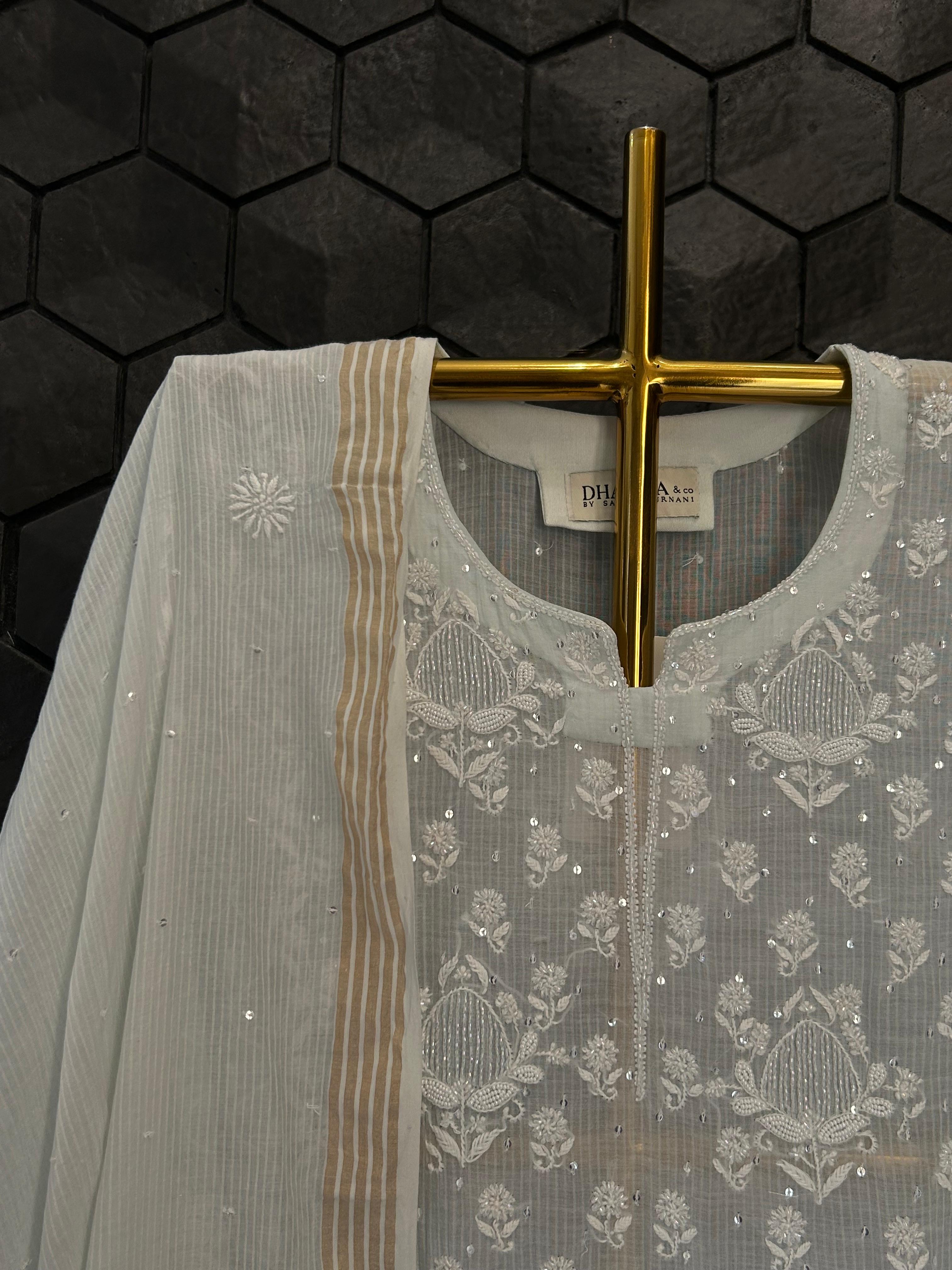 Sky Blue Maheshwari Chanderi Chikankari Kurta Set