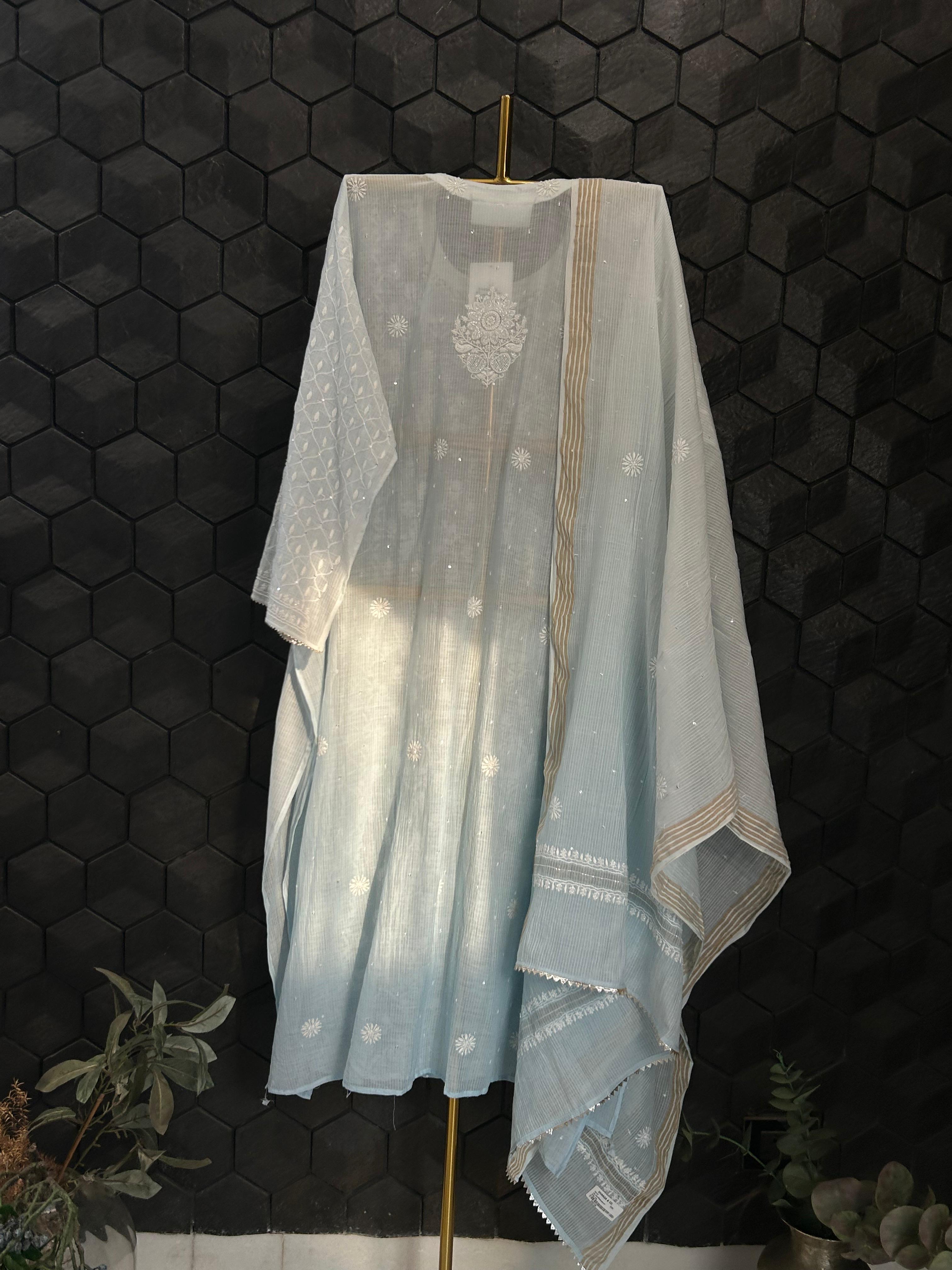 Sky Blue Maheshwari Chanderi Chikankari Kurta Set