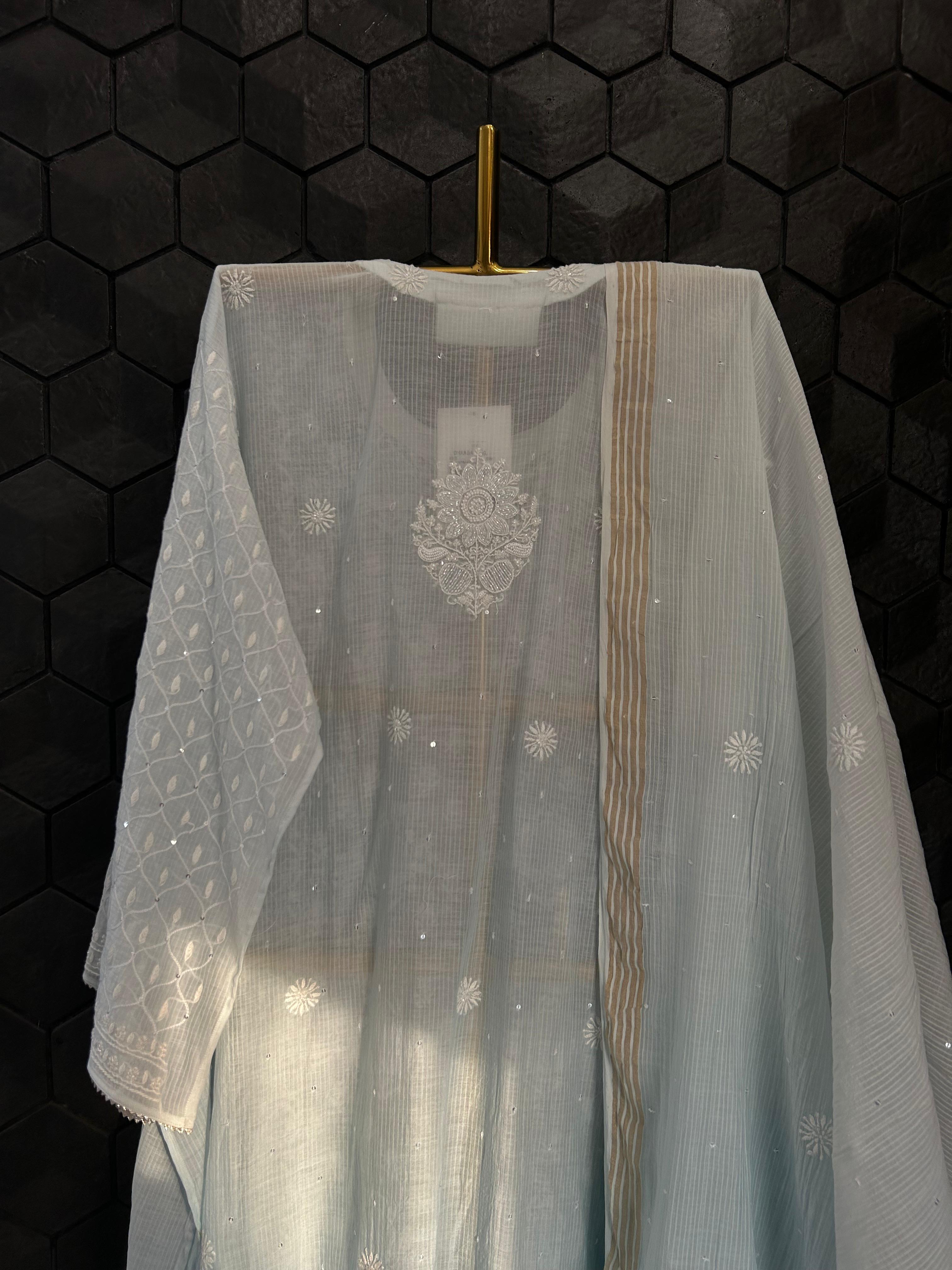 Sky Blue Maheshwari Chanderi Chikankari Kurta Set