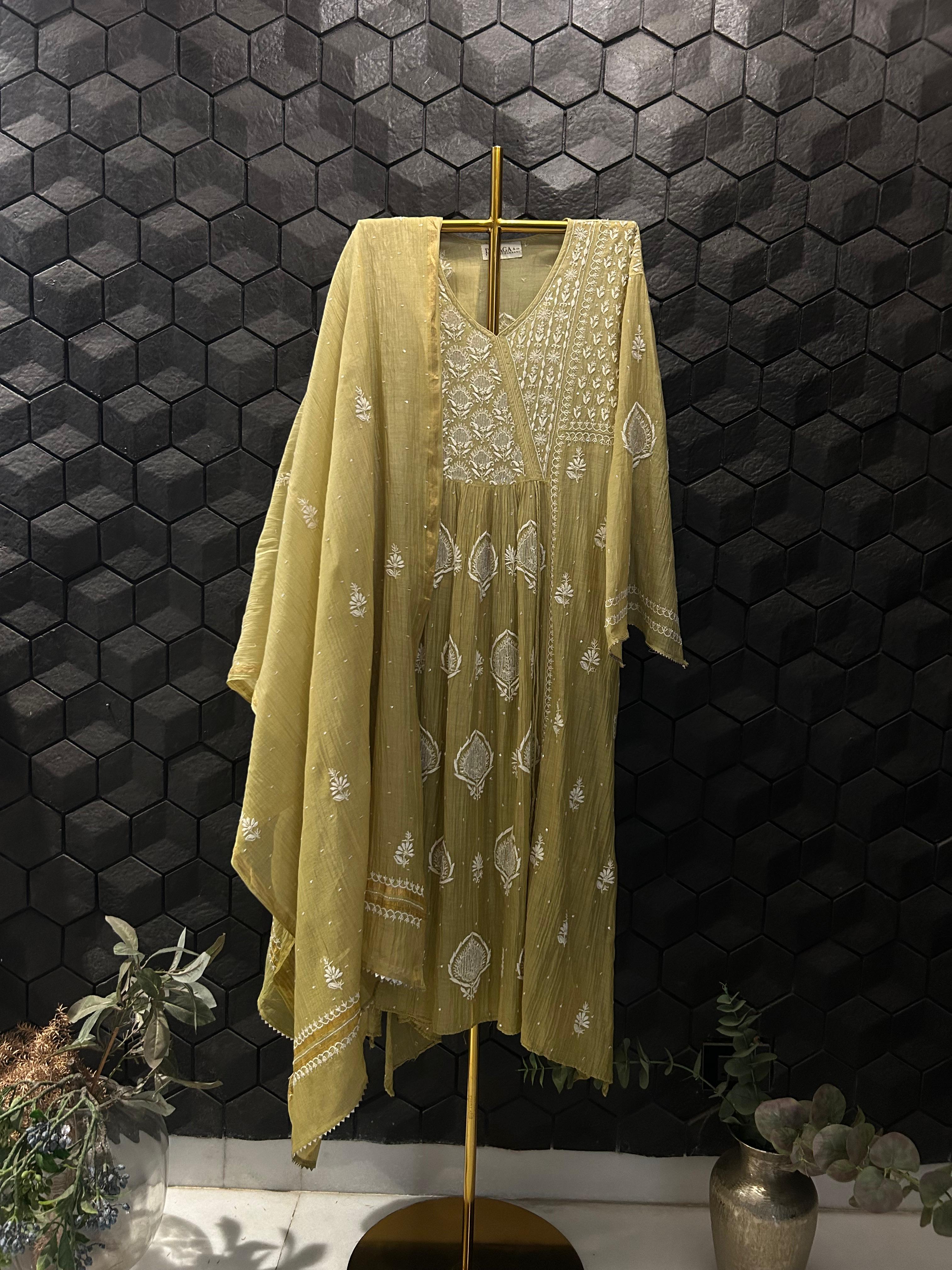 Pista Green Mul Chanderi Chikankari Angarkha kurta Set