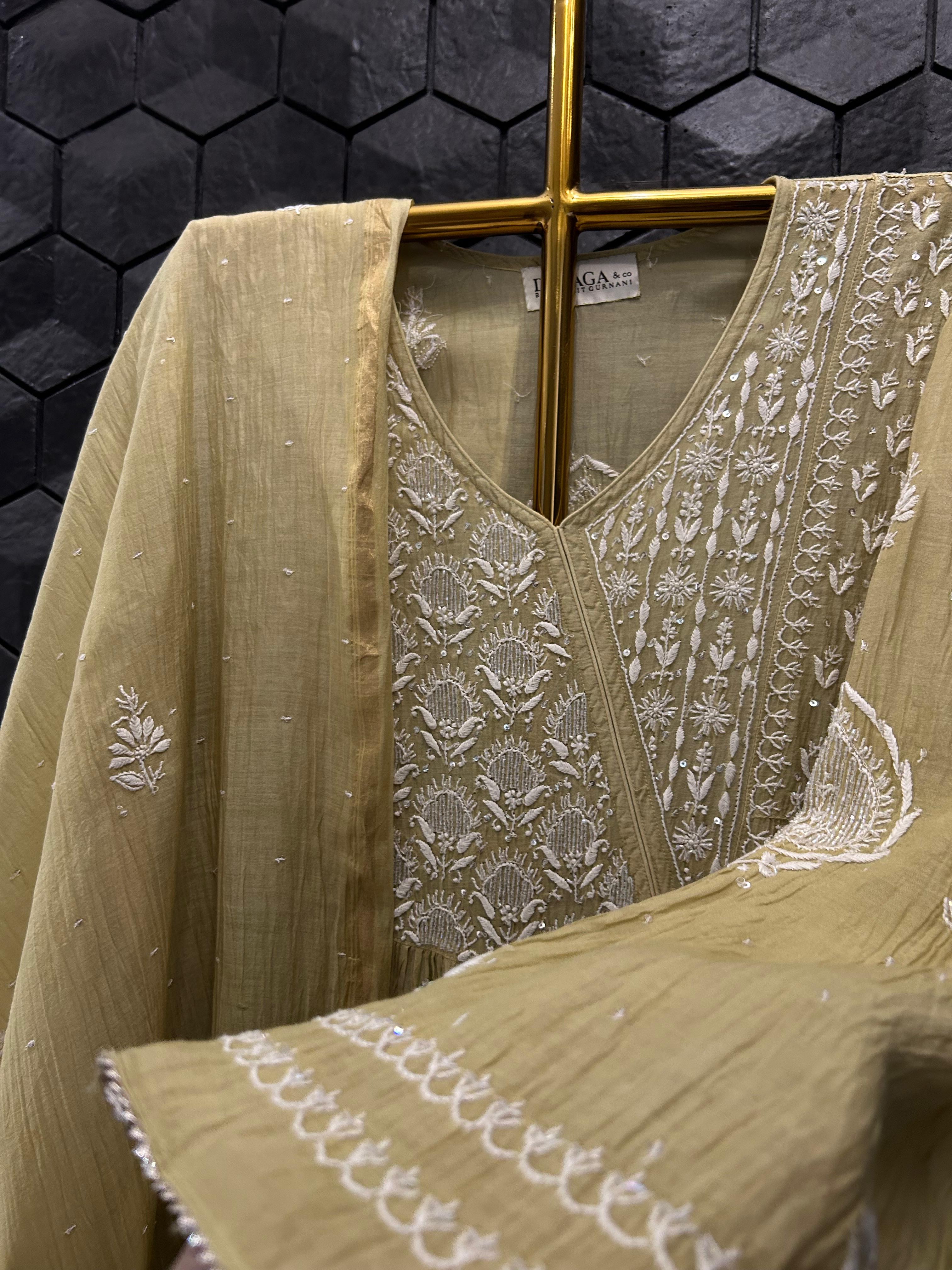 Pista Green Mul Chanderi Chikankari Angarkha kurta Set