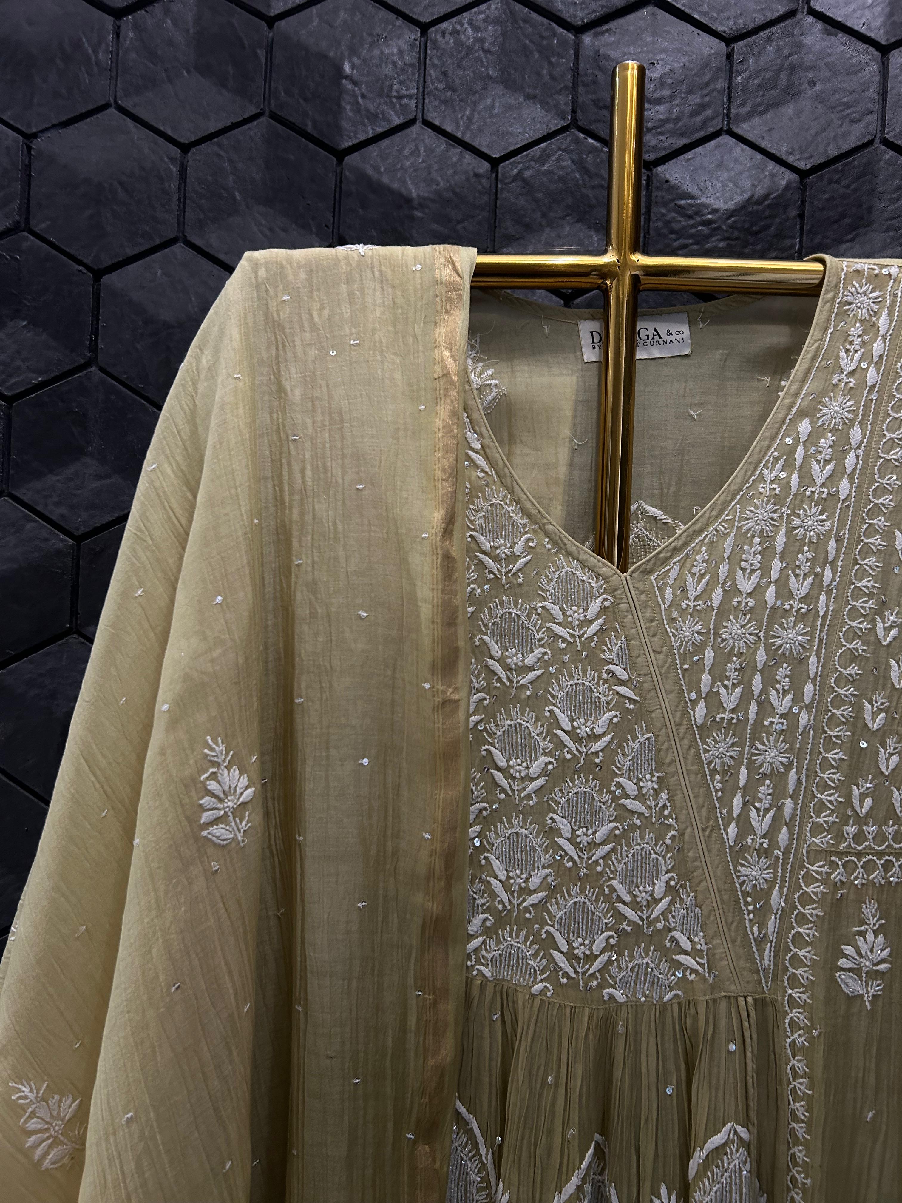 Pista Green Mul Chanderi Chikankari Angarkha kurta Set