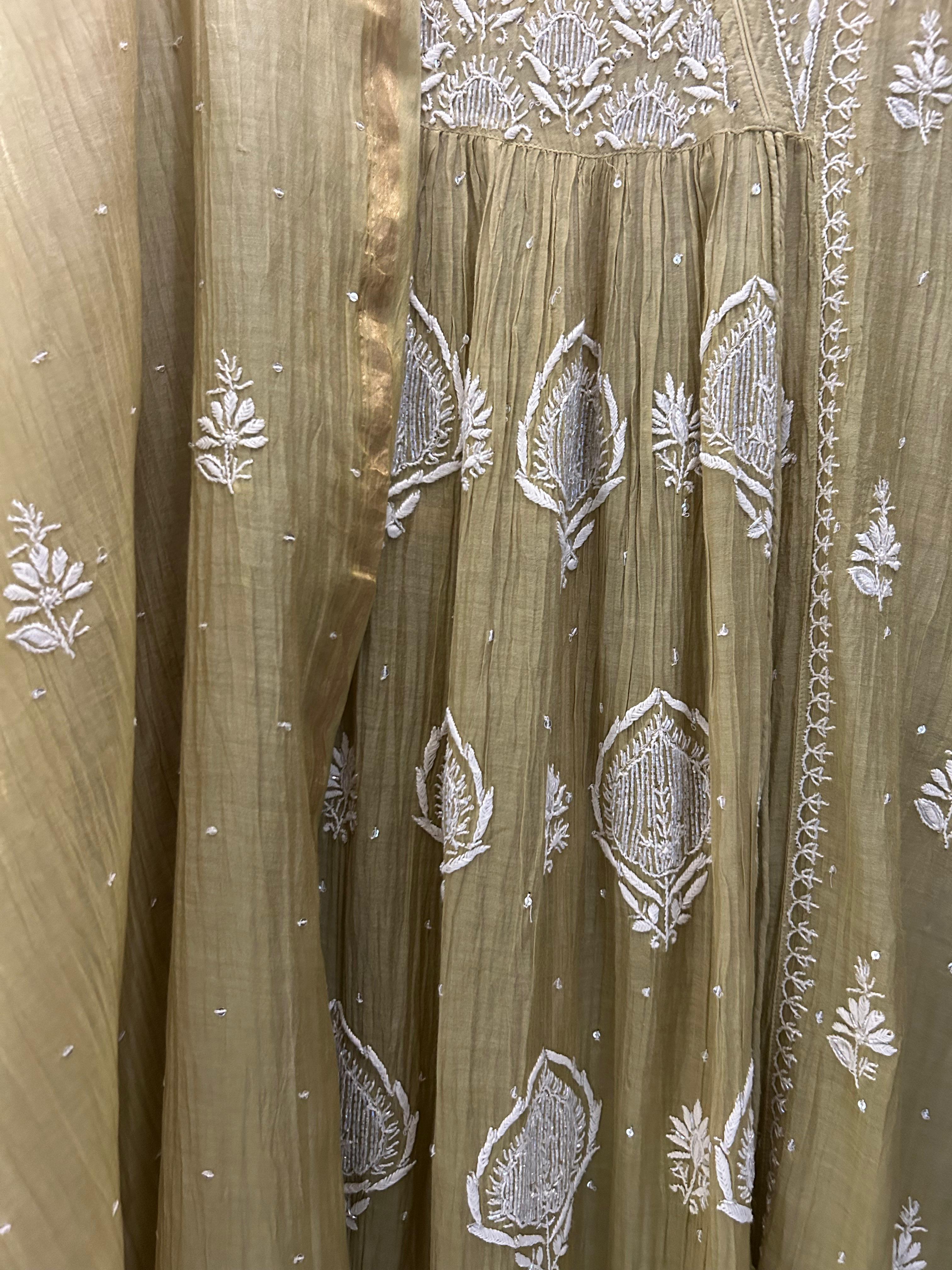 Pista Green Mul Chanderi Chikankari Angarkha kurta Set
