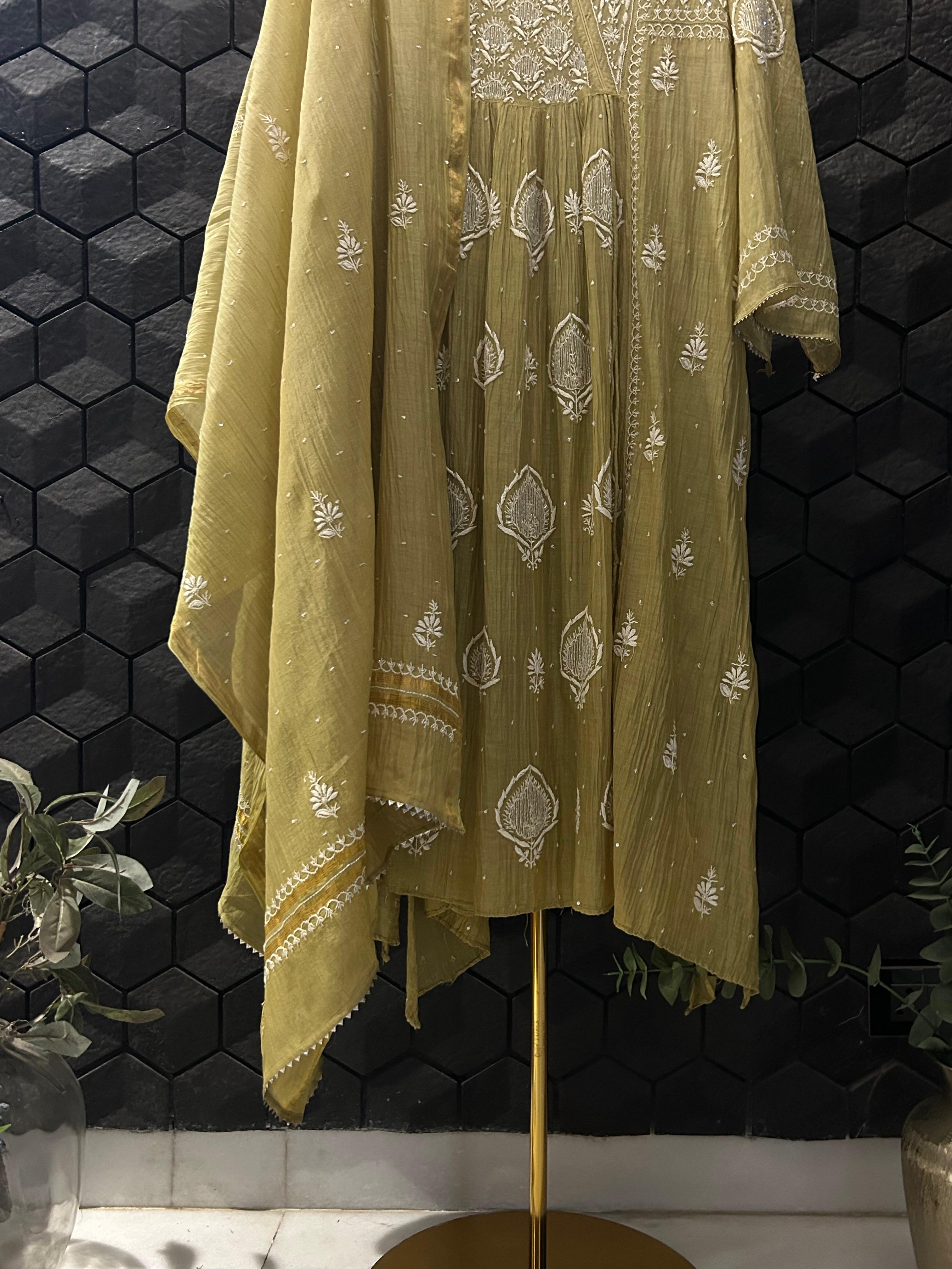 Pista Green Mul Chanderi Chikankari Angarkha kurta Set