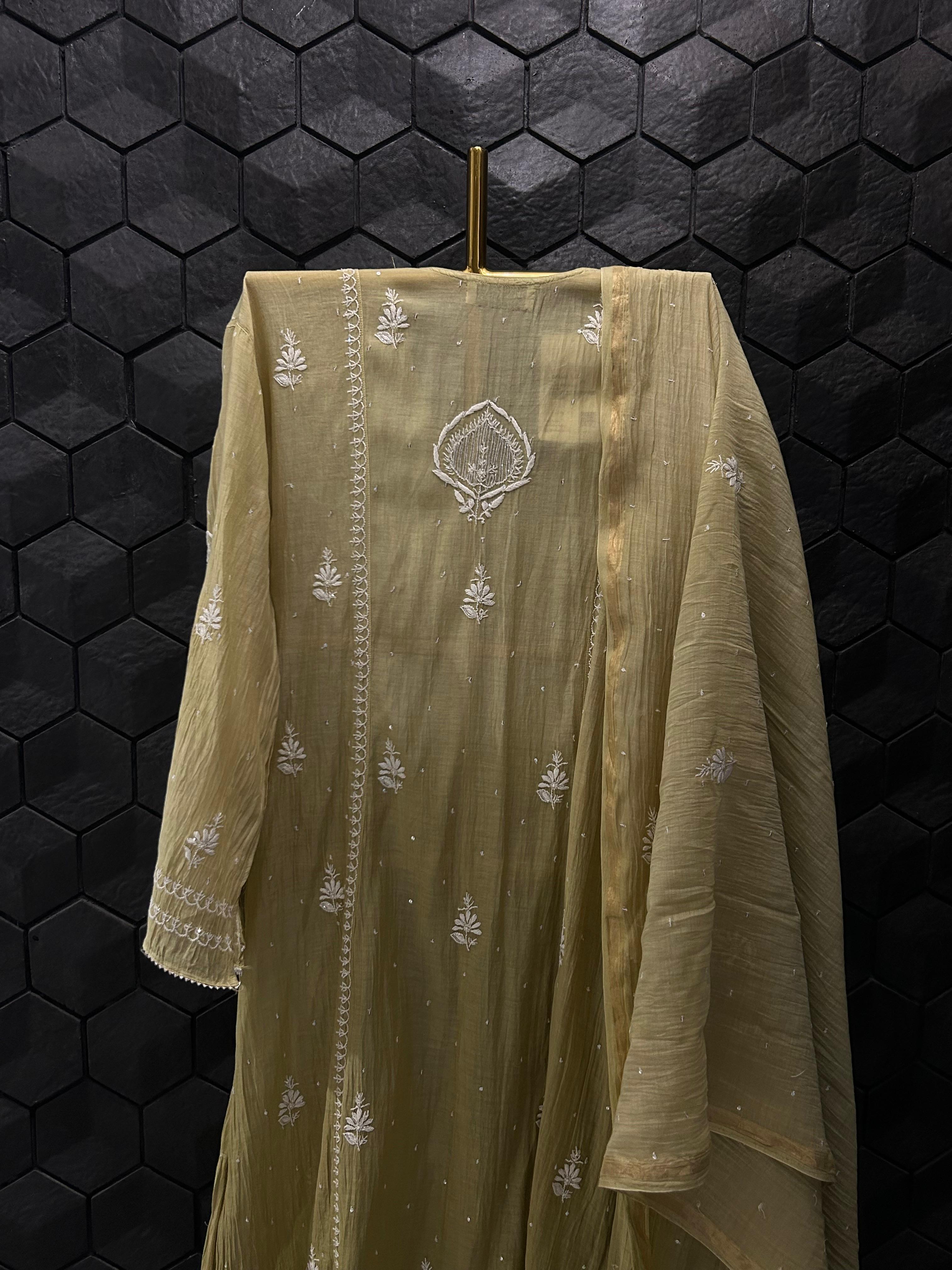 Pista Green Mul Chanderi Chikankari Angarkha kurta Set