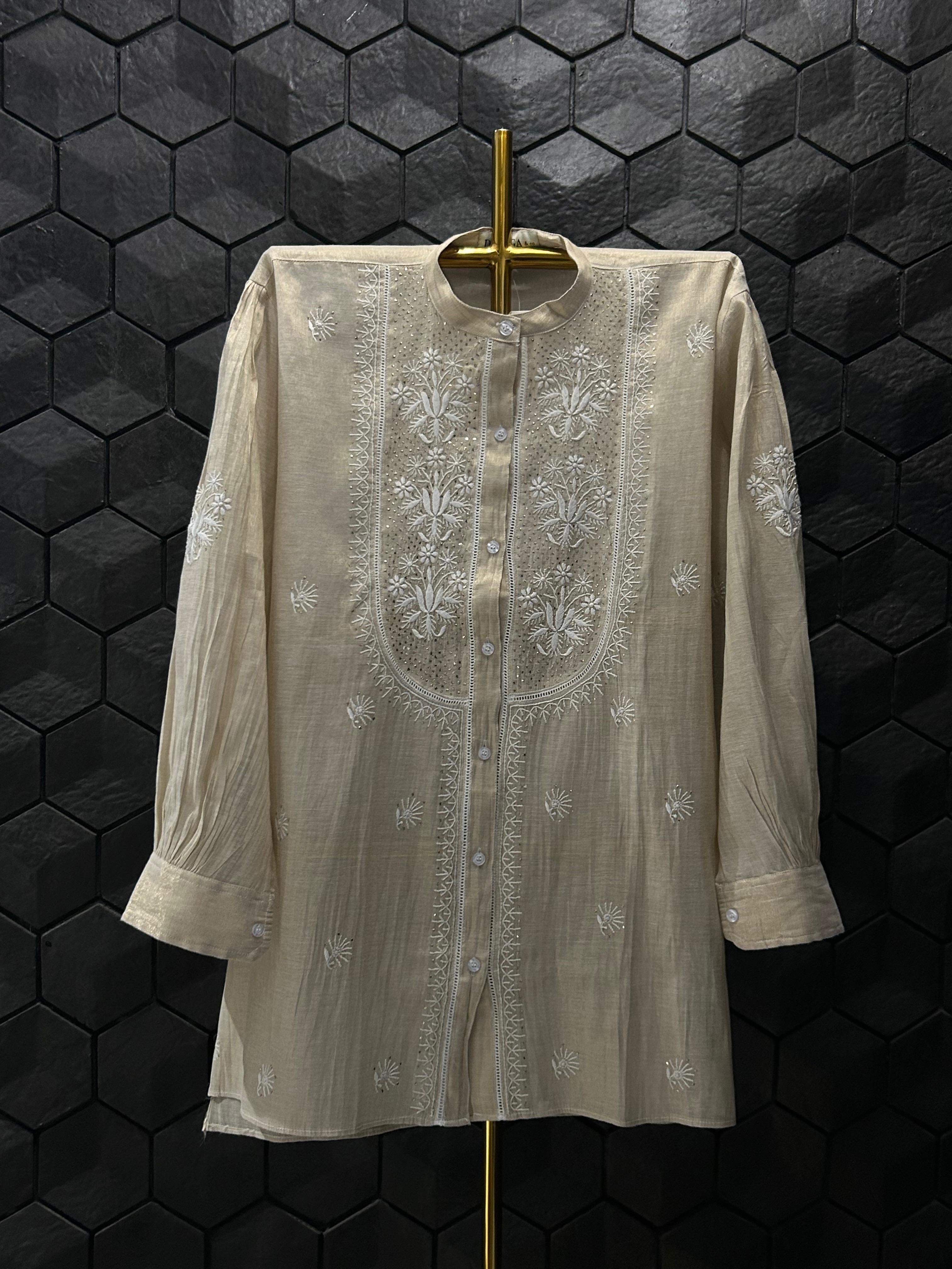 Natural Tissue Chikankari Mukaish Shirt