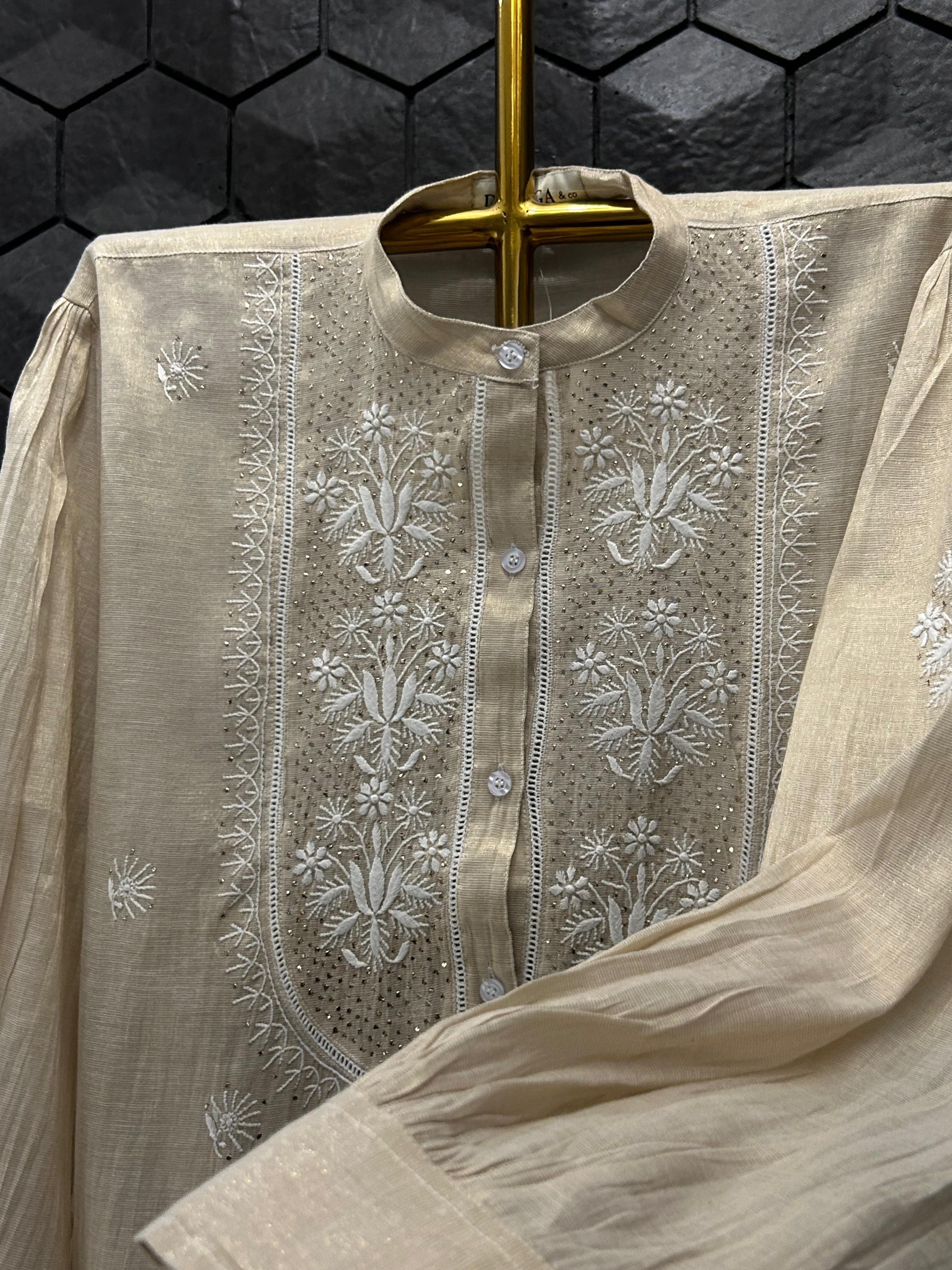 Natural Tissue Chikankari Mukaish Shirt
