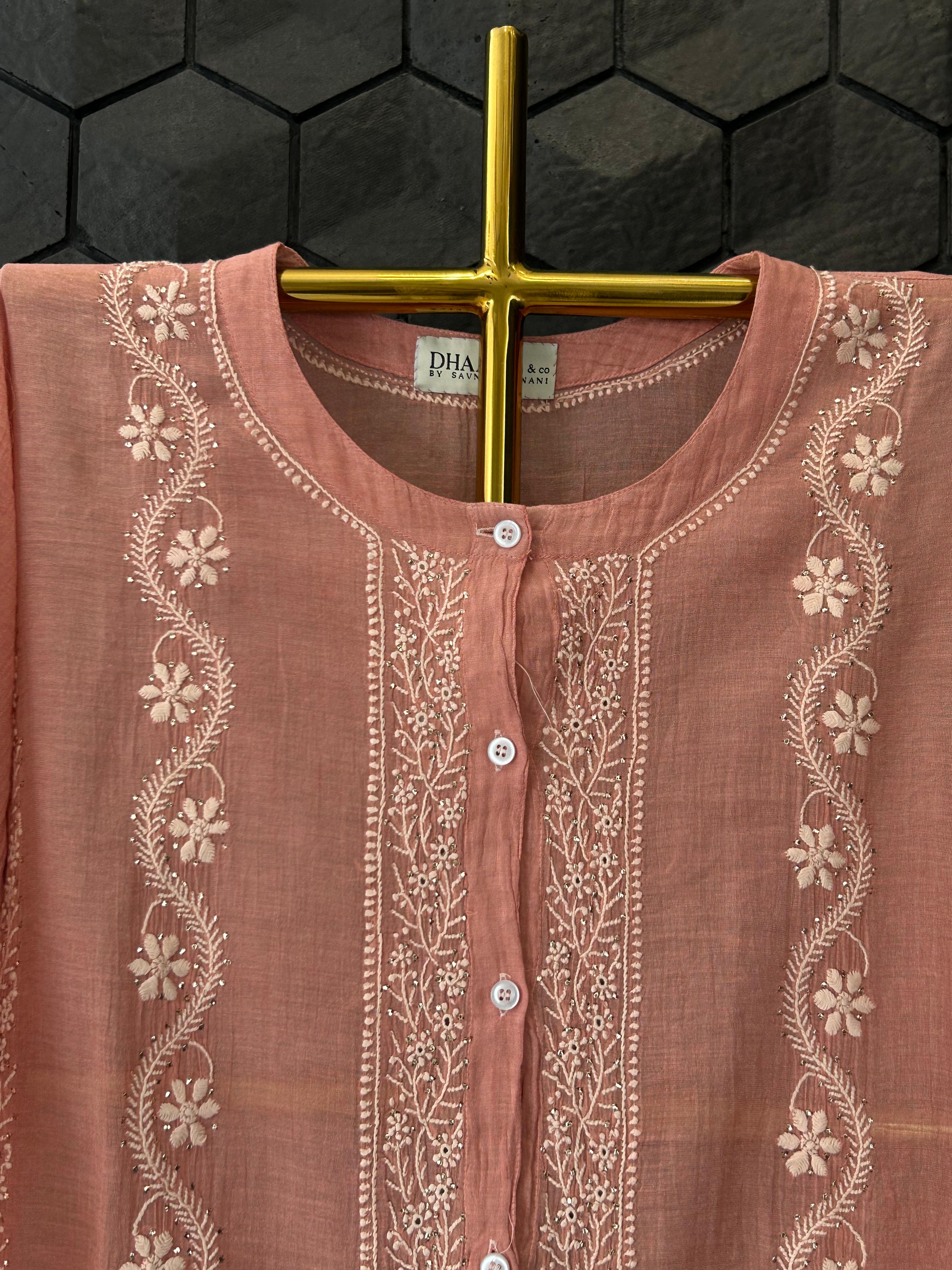 Peach Silver Tissue Chikankari Co-ord set