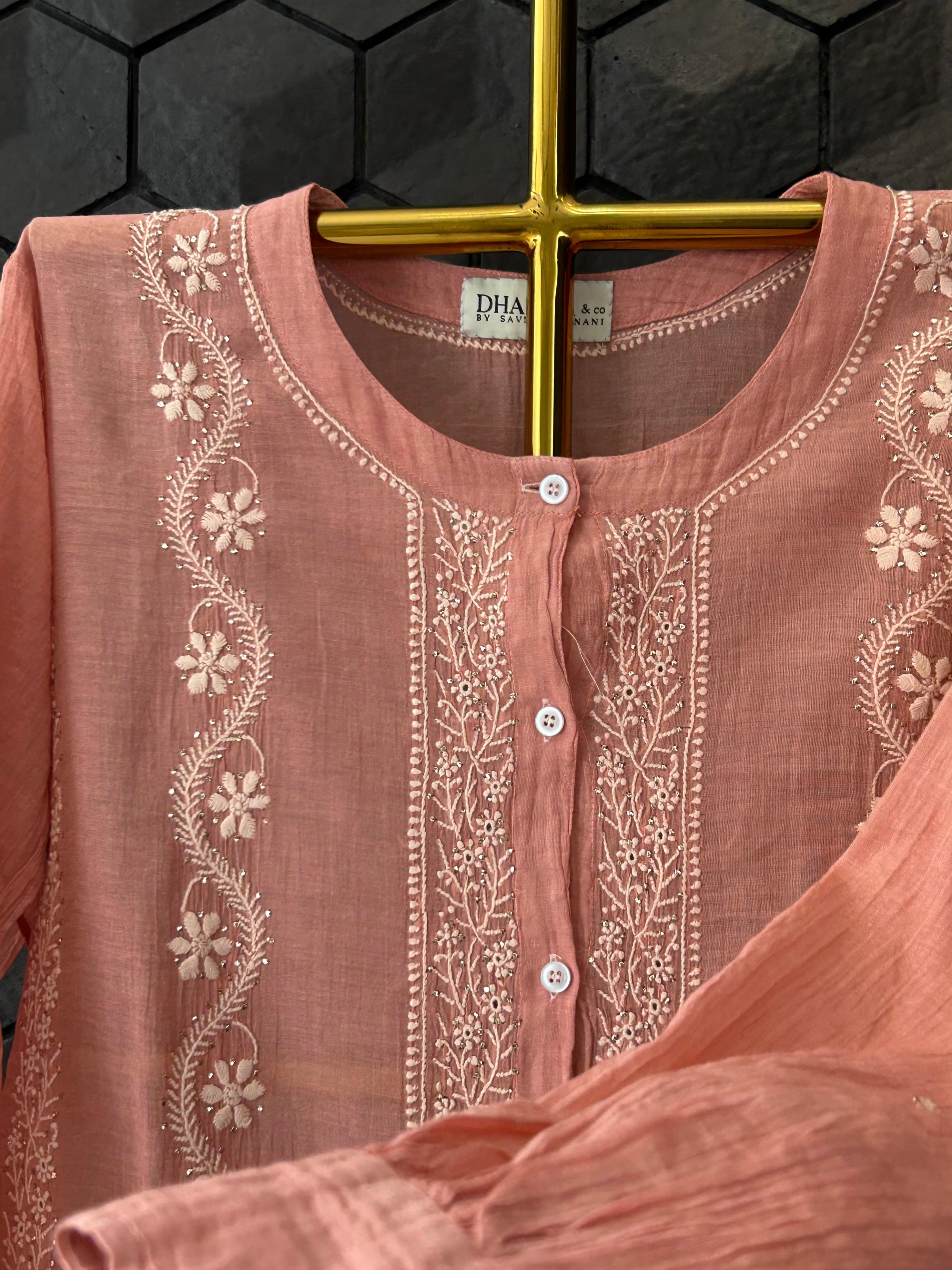 Peach Silver Tissue Chikankari Co-ord set