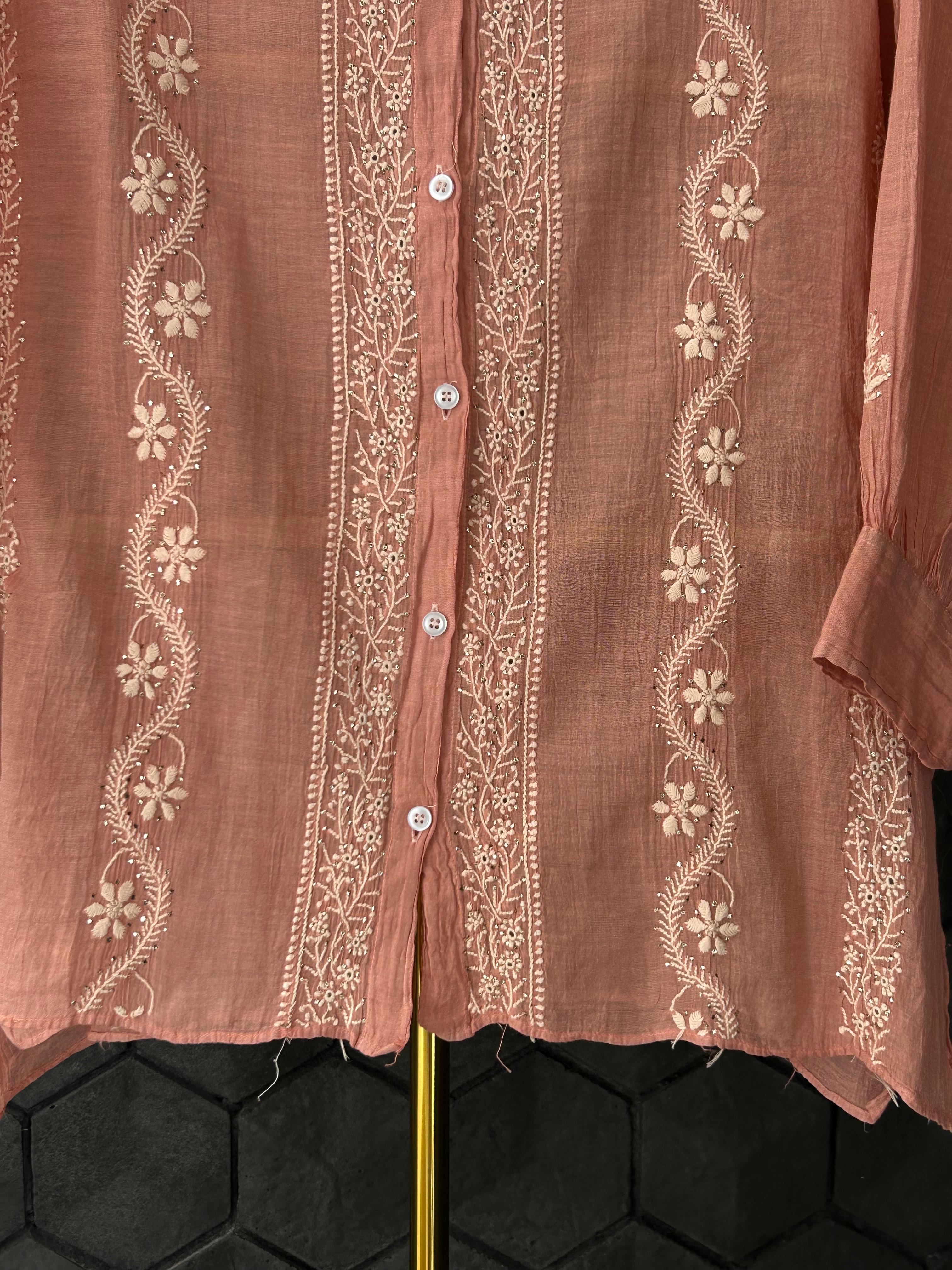 Peach Silver Tissue Chikankari Co-ord set