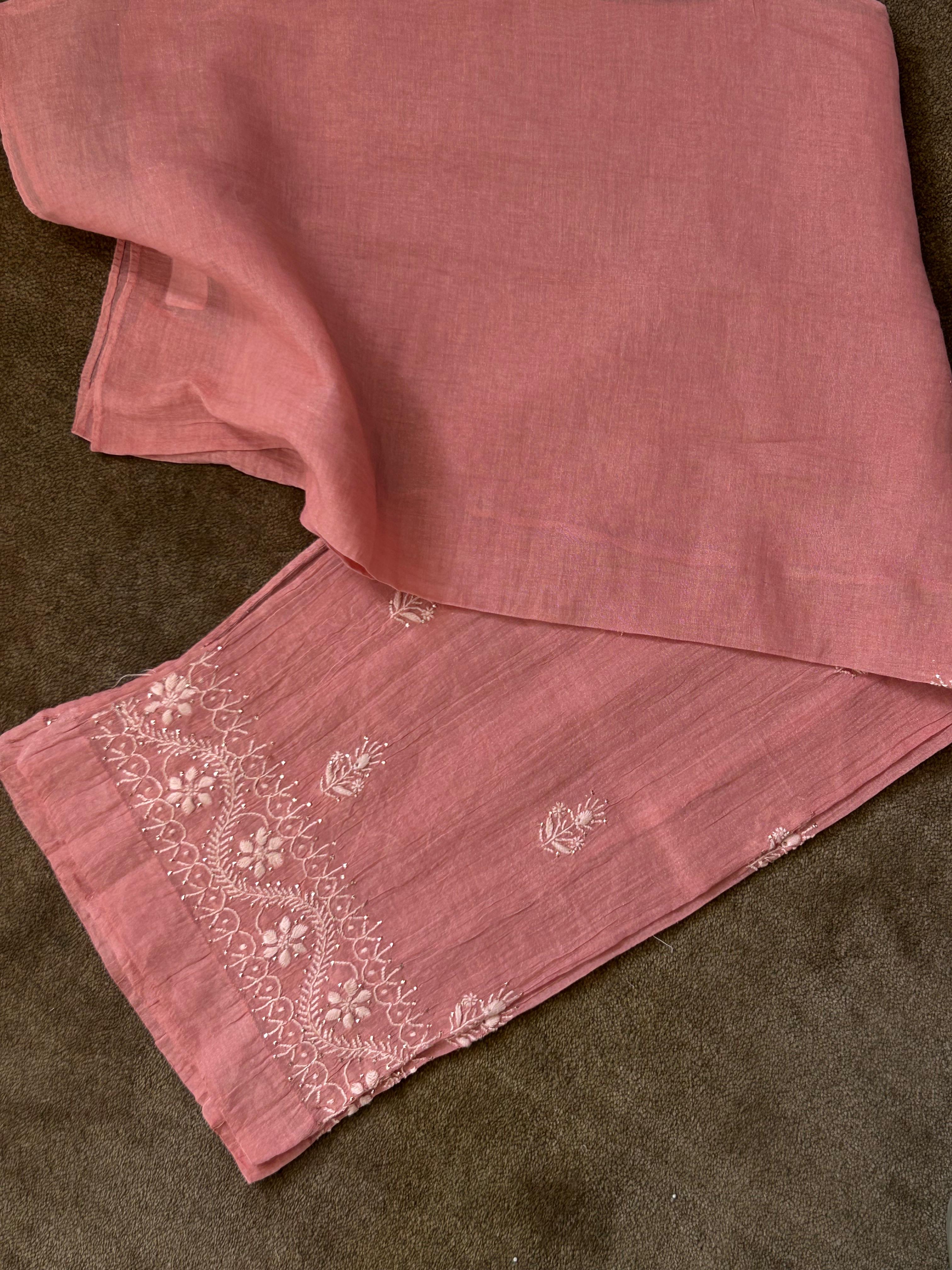 Peach Silver Tissue Chikankari Co-ord set