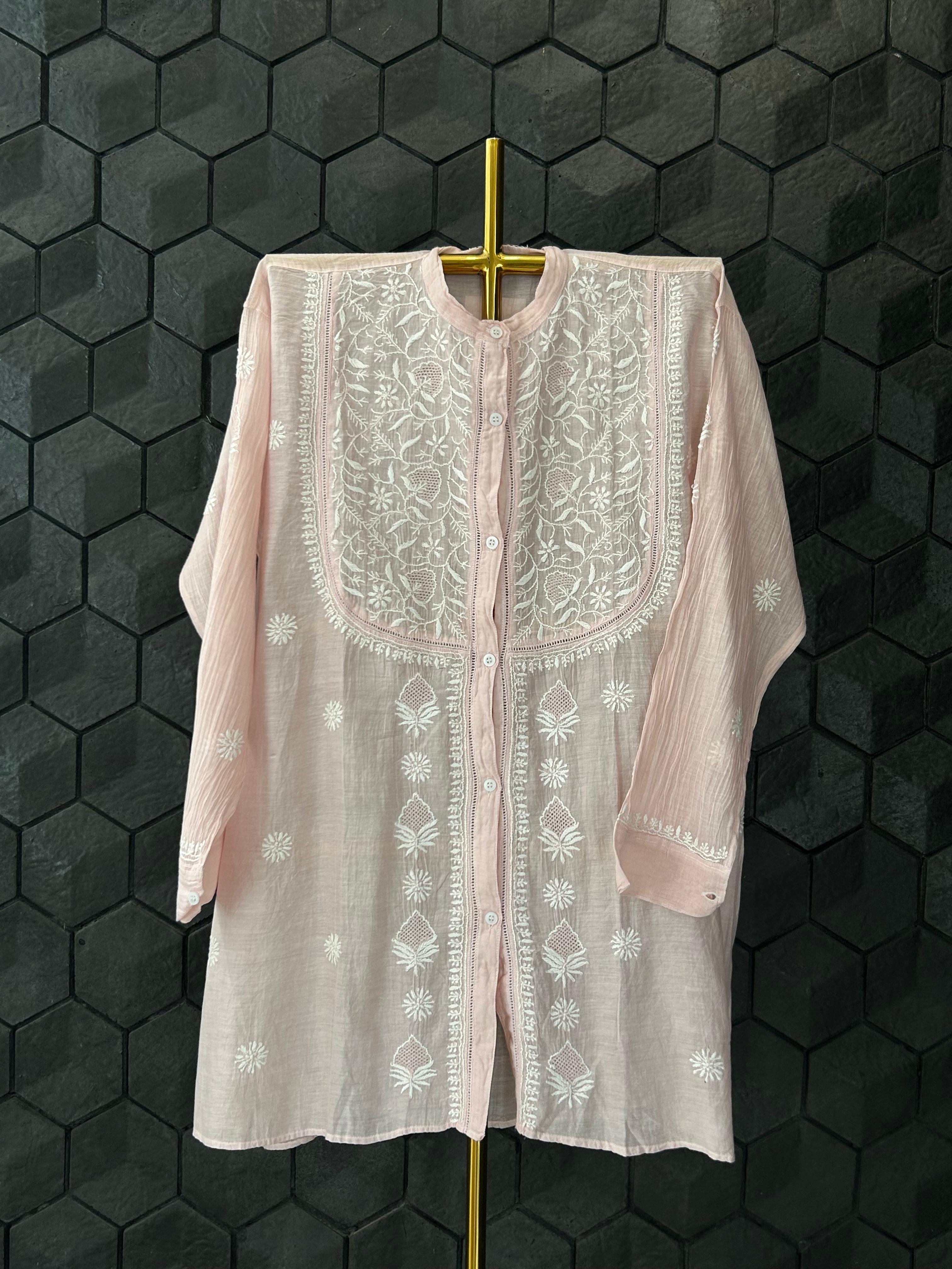 Pink Mul Chanderi Chikankari Co-ord set