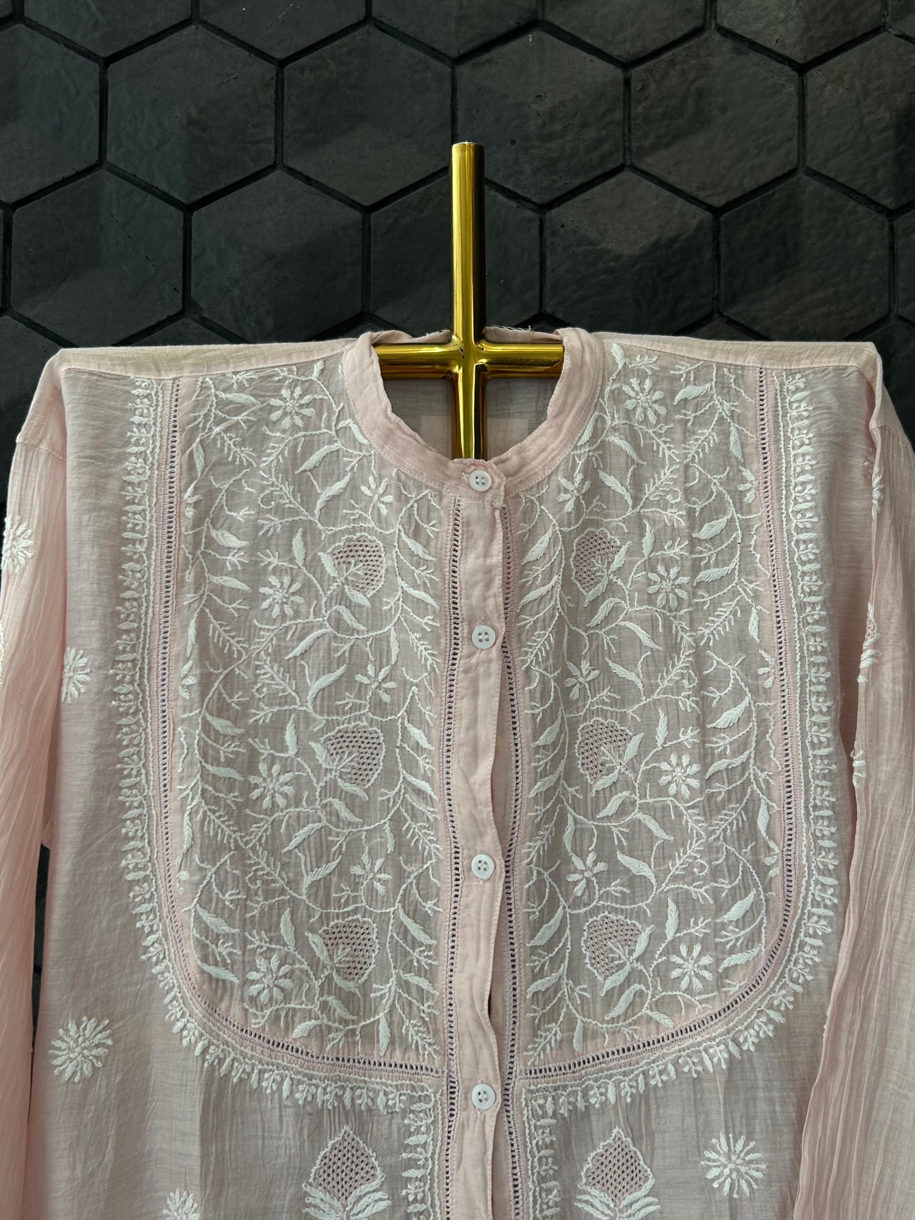 Pink Mul Chanderi Chikankari Co-ord set