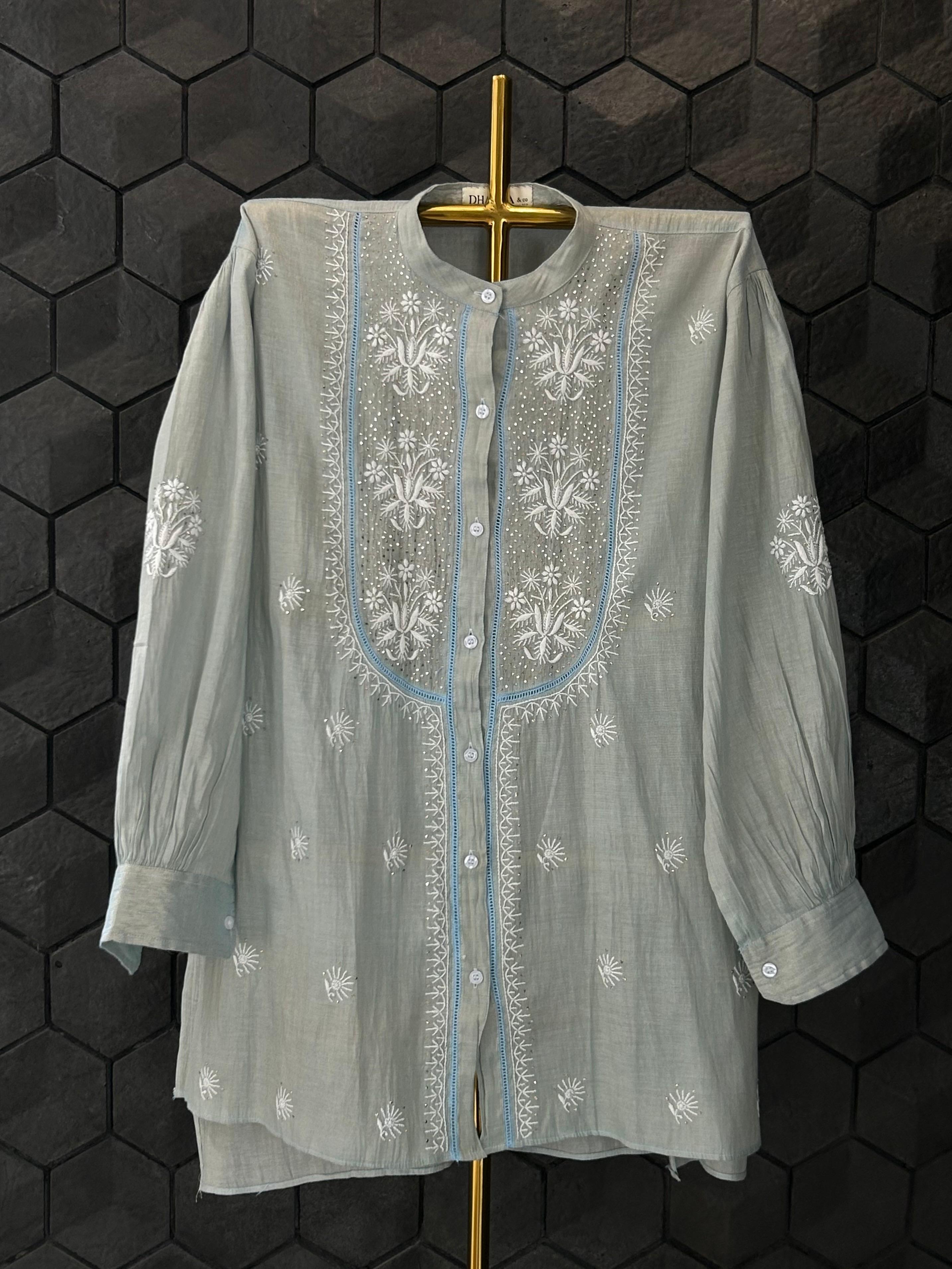 Sky Blue Tissue Chikankari Mukaish Shirt