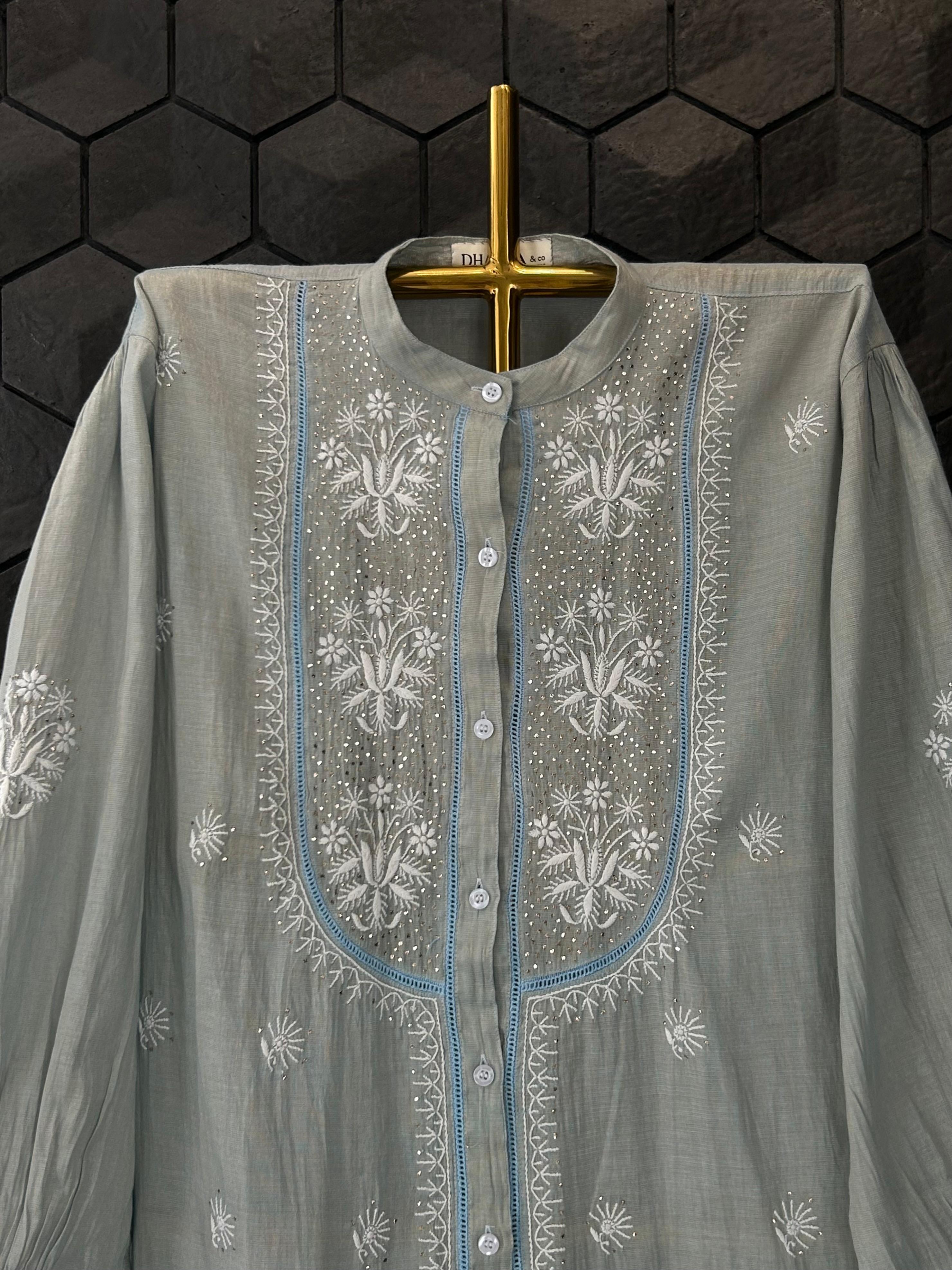 Sky Blue Tissue Chikankari Mukaish Shirt