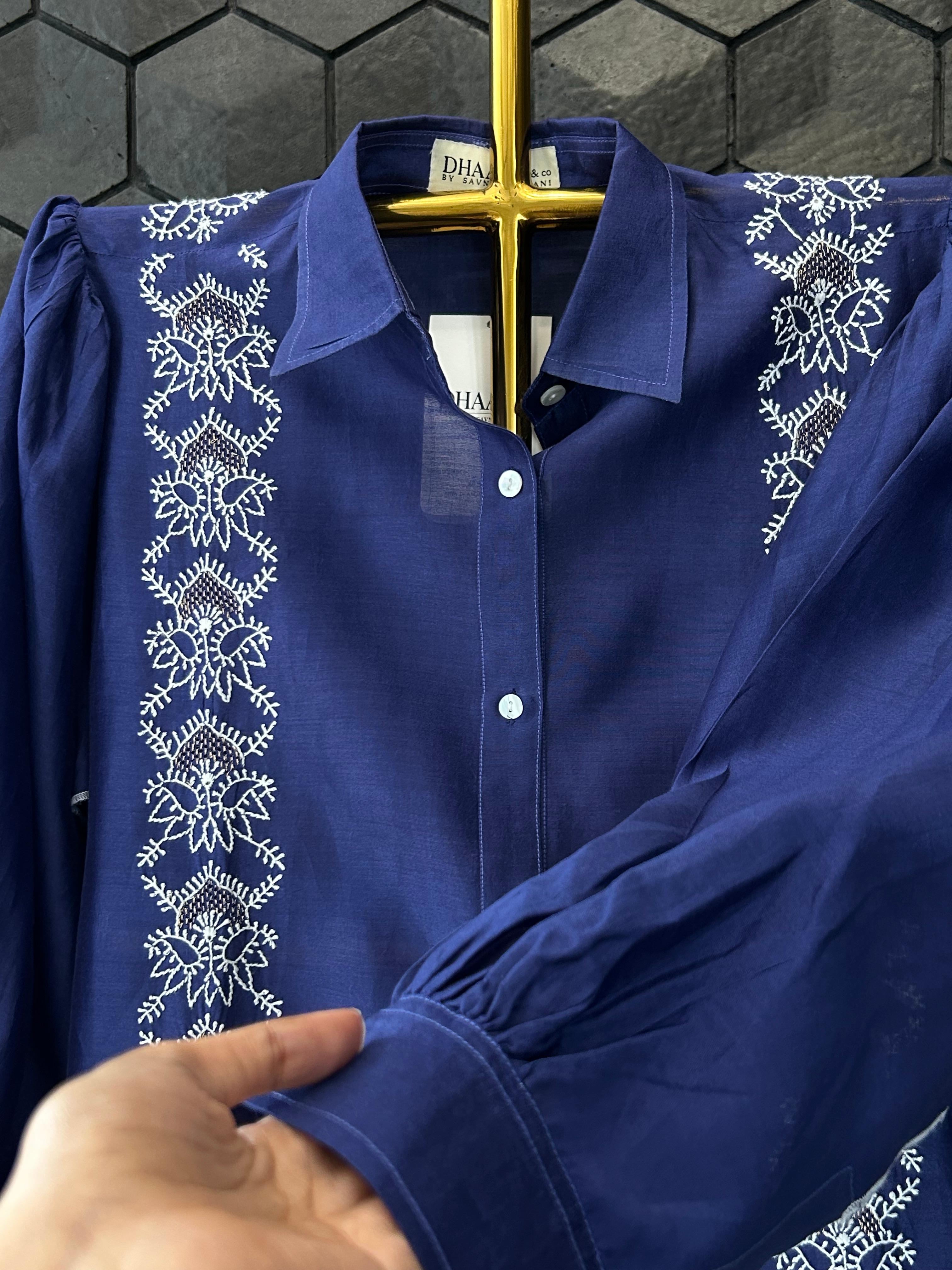 Royal Blue Chanderi Chikankari Shirt