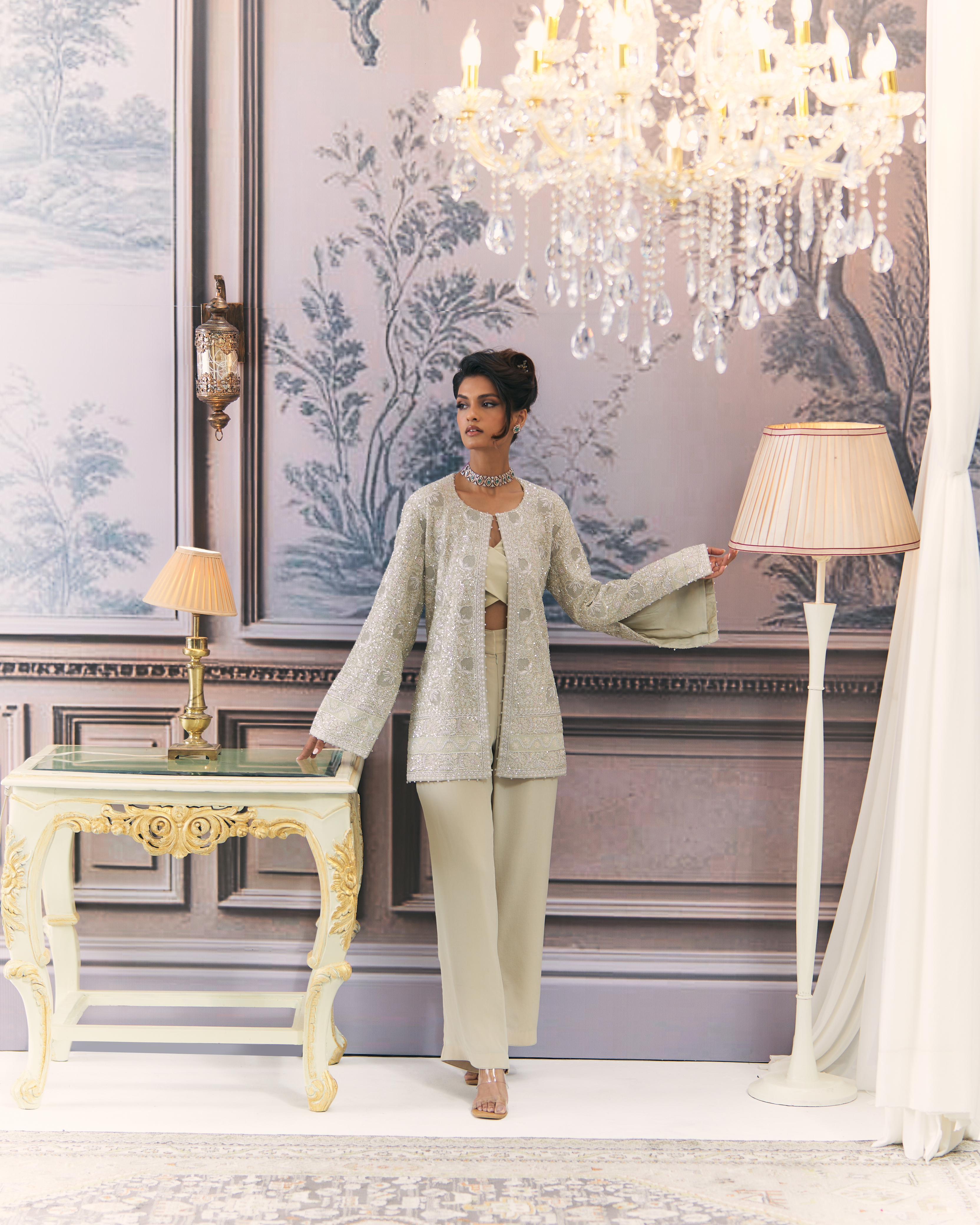 Sage green Georgette Chikankari Gilet Co-ord sets