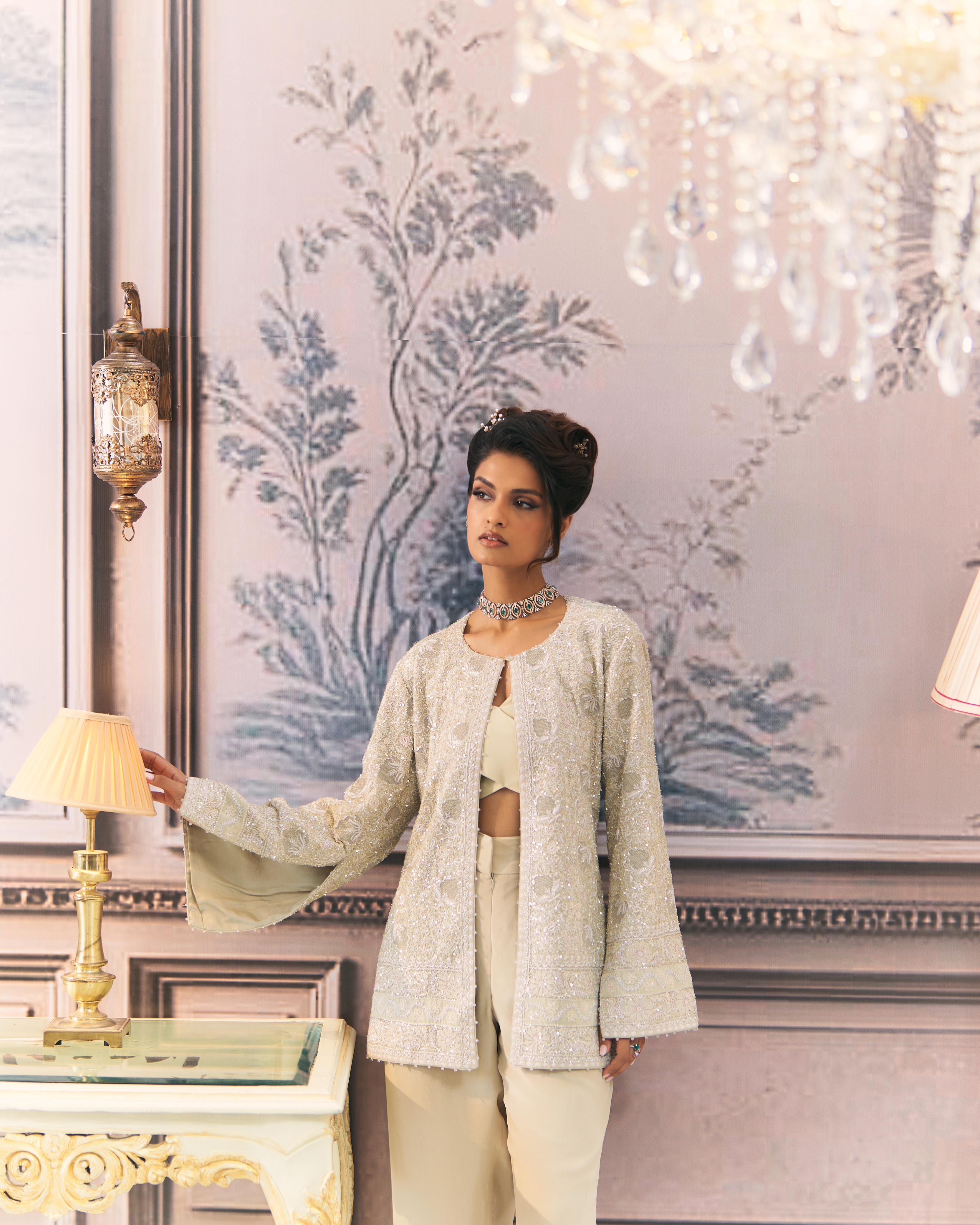 Sage green Georgette Chikankari Gilet Co-ord sets