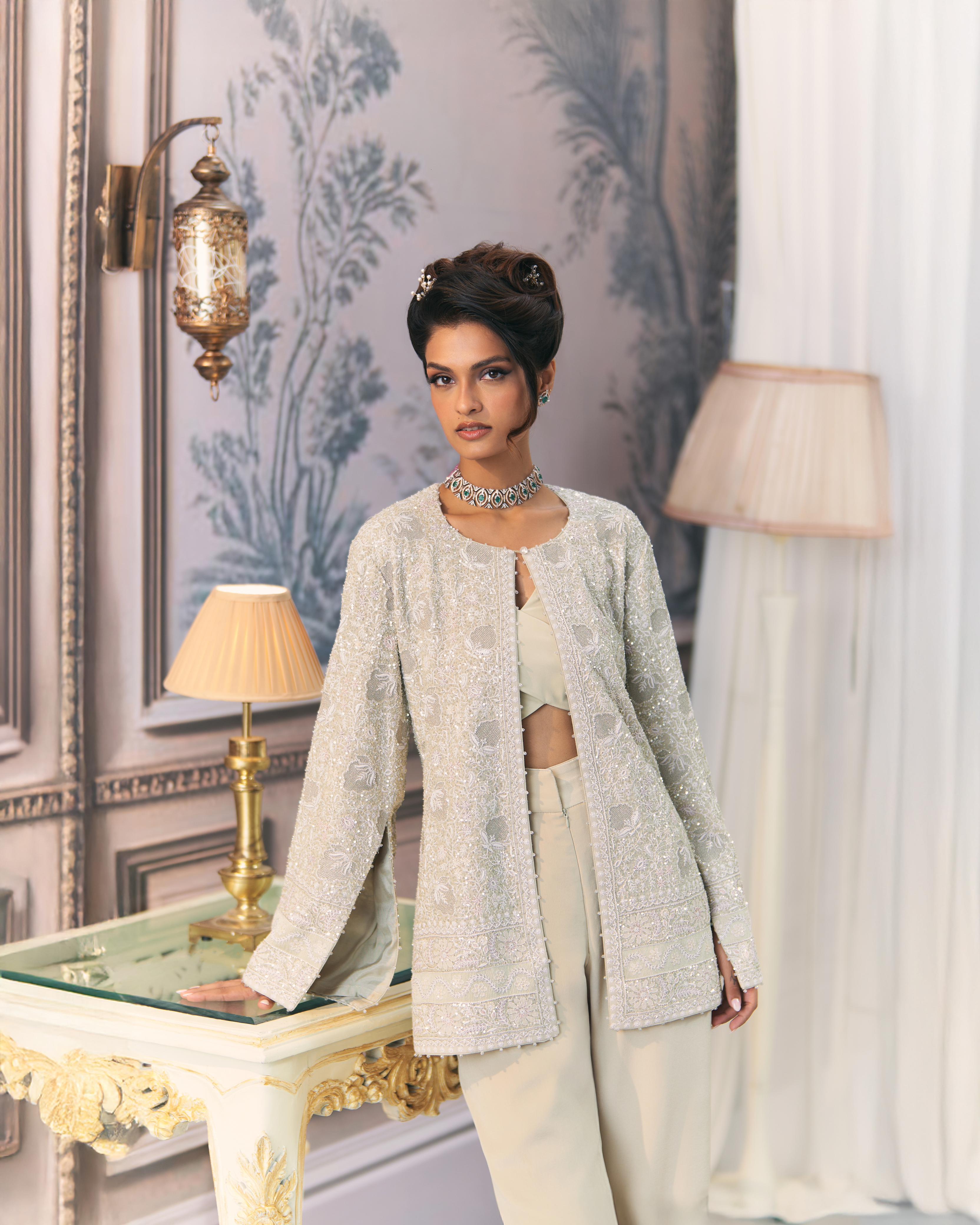 Sage green Georgette Chikankari Gilet Co-ord sets