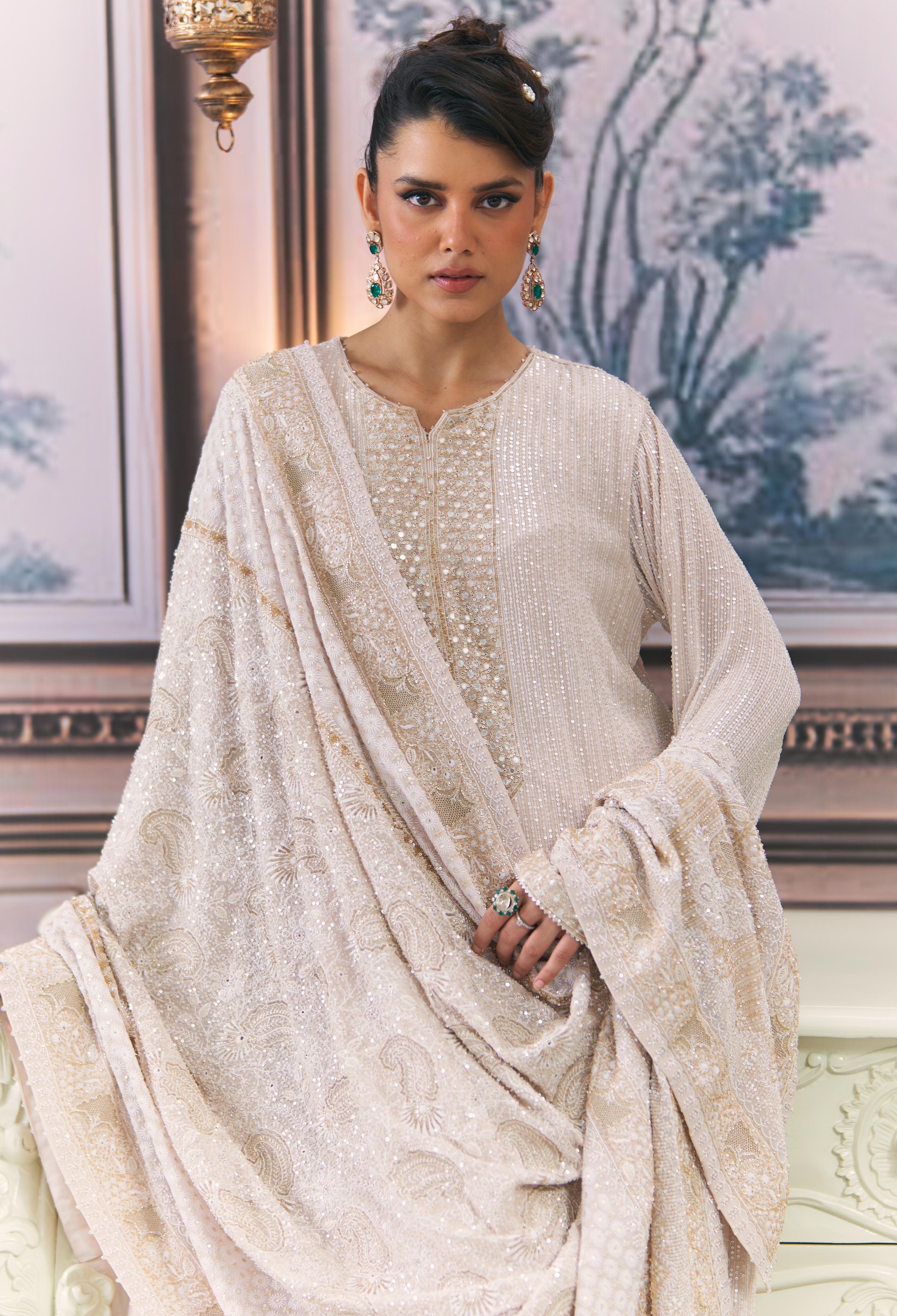 Ivory and Gold Chikankari Statement Heavy Dupatta Set