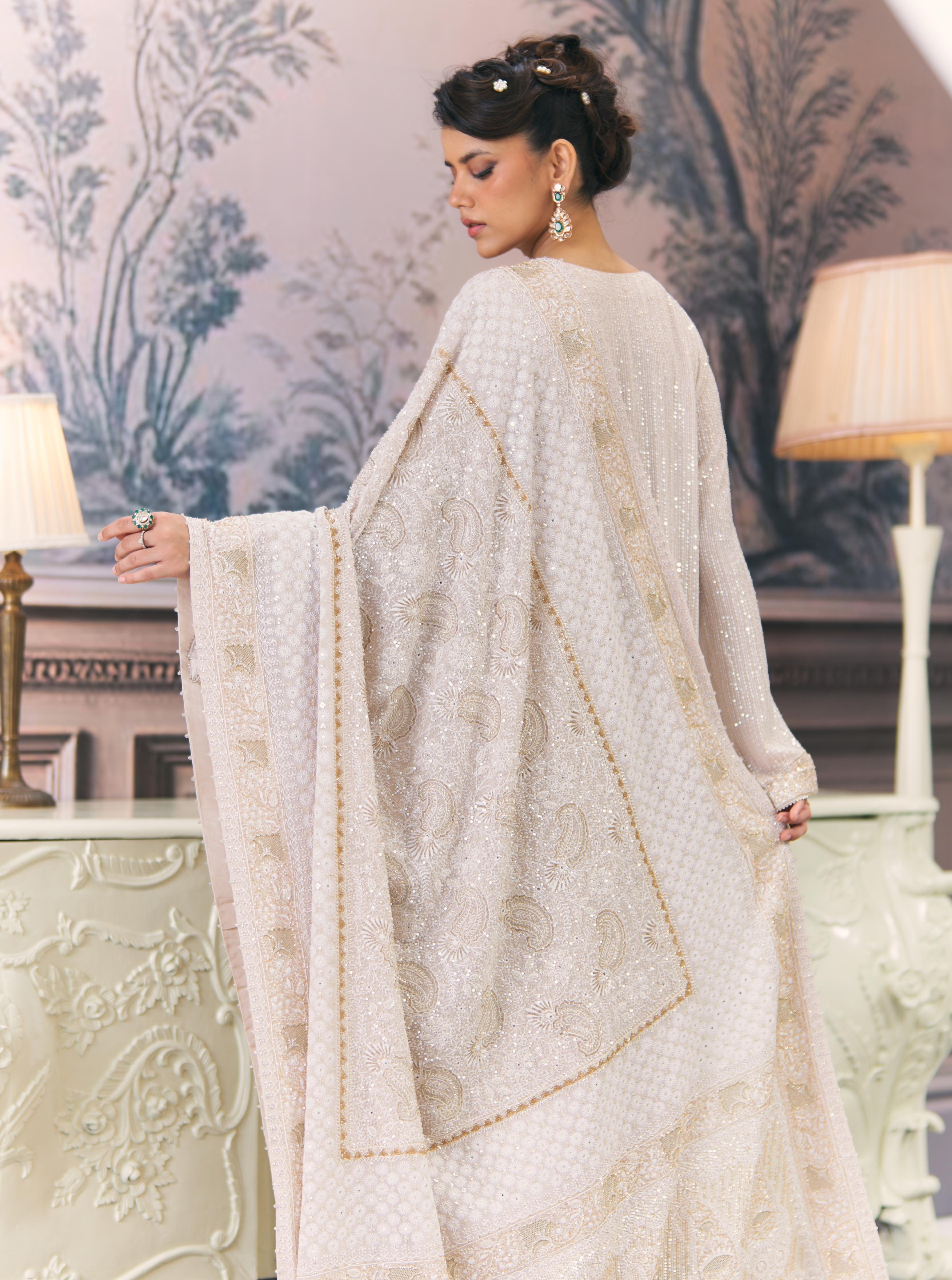Ivory and Gold Chikankari Statement Heavy Dupatta Set