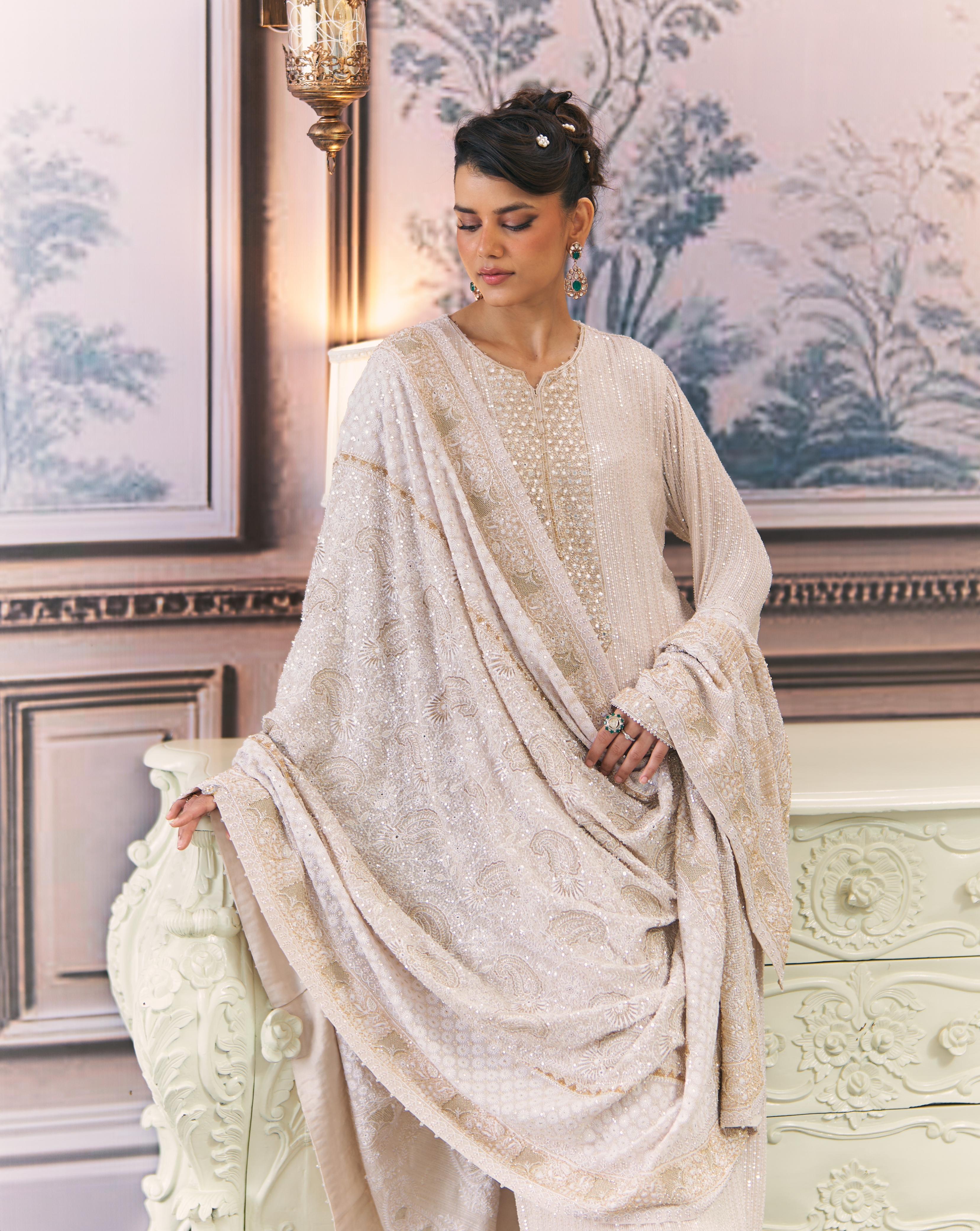 Ivory and Gold Chikankari Statement Heavy Dupatta Set