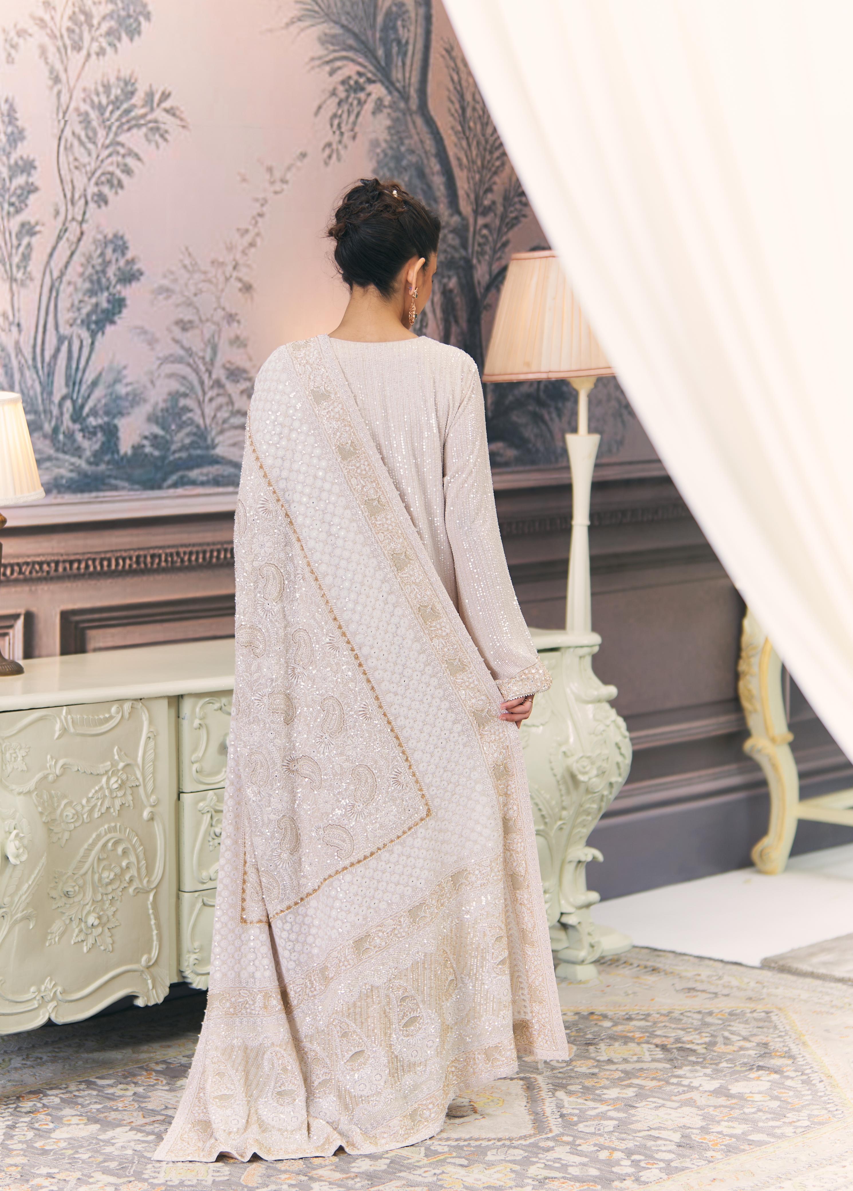 Ivory and Gold Chikankari Statement Heavy Dupatta Set