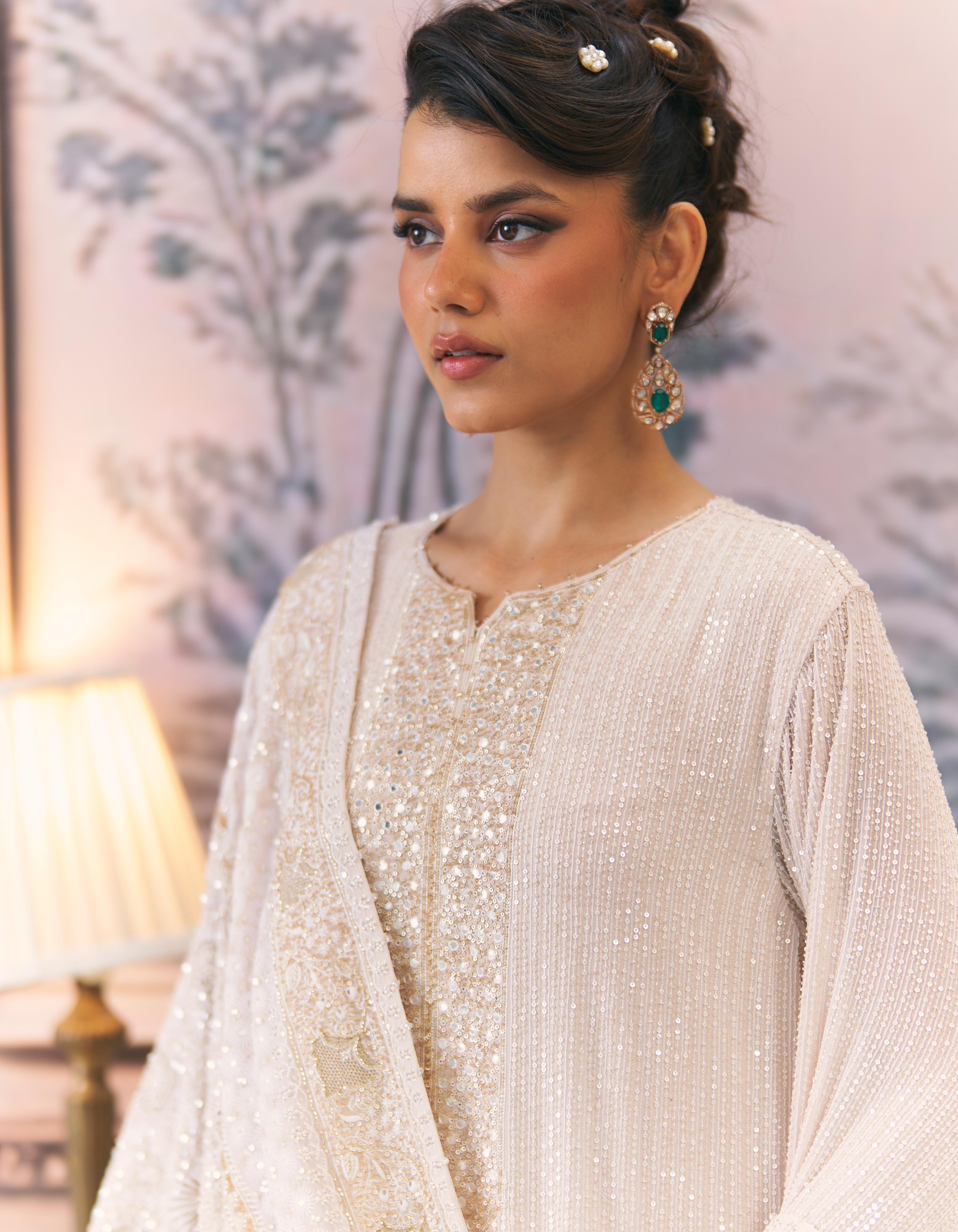 Ivory and Gold Chikankari Statement Heavy Dupatta Set
