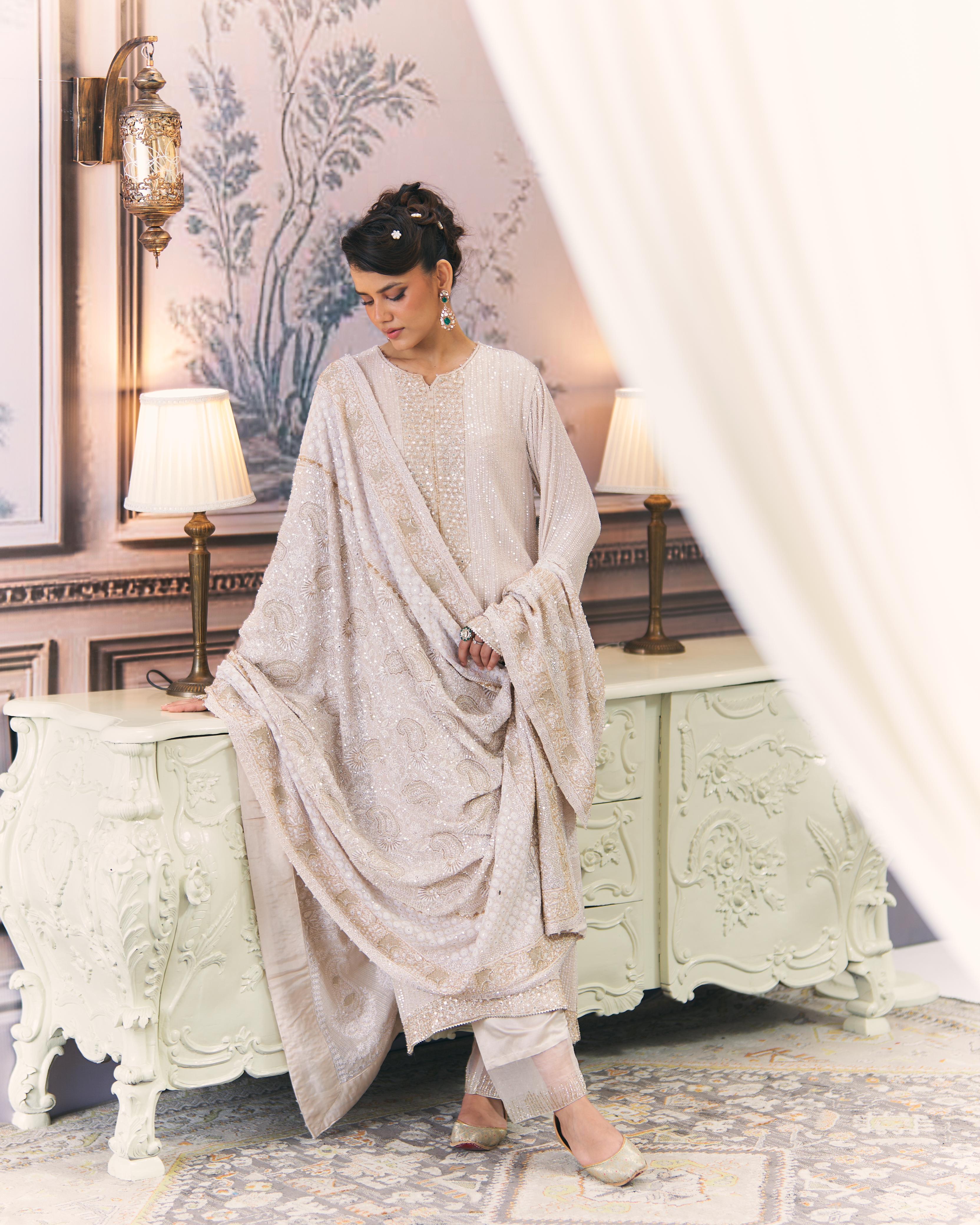 Ivory and Gold Chikankari Statement Heavy Dupatta Set