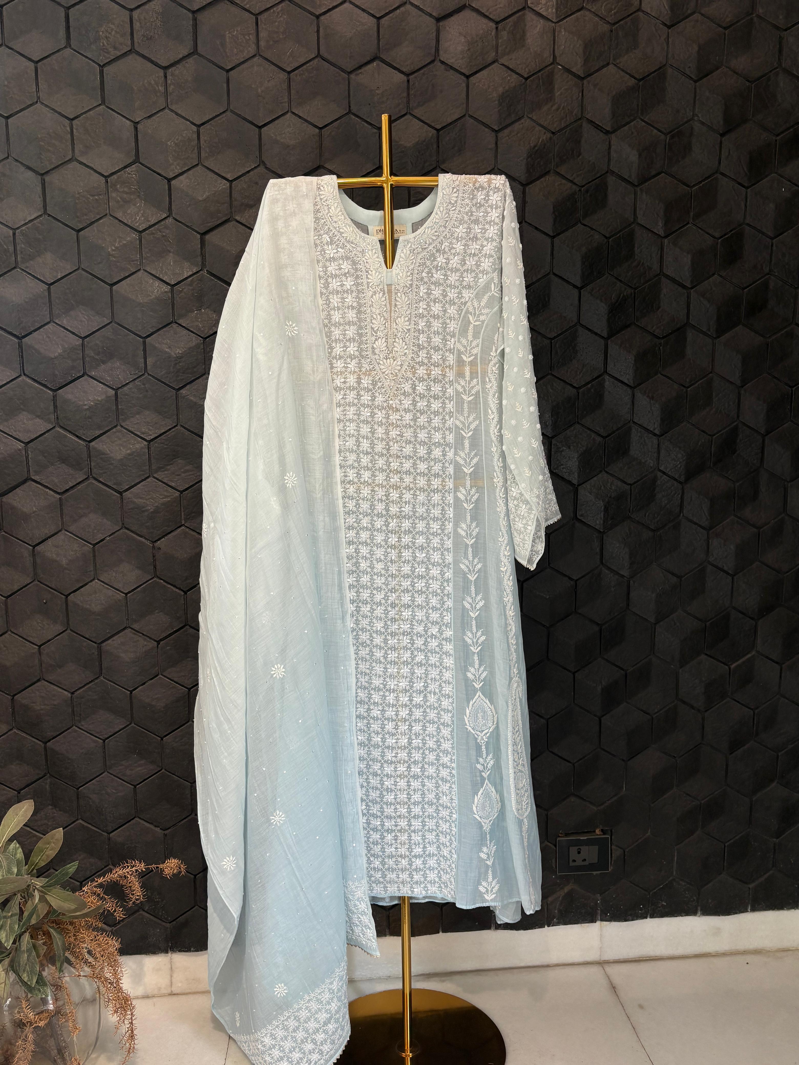 Sky Blue Mul Chanderi Anarkali