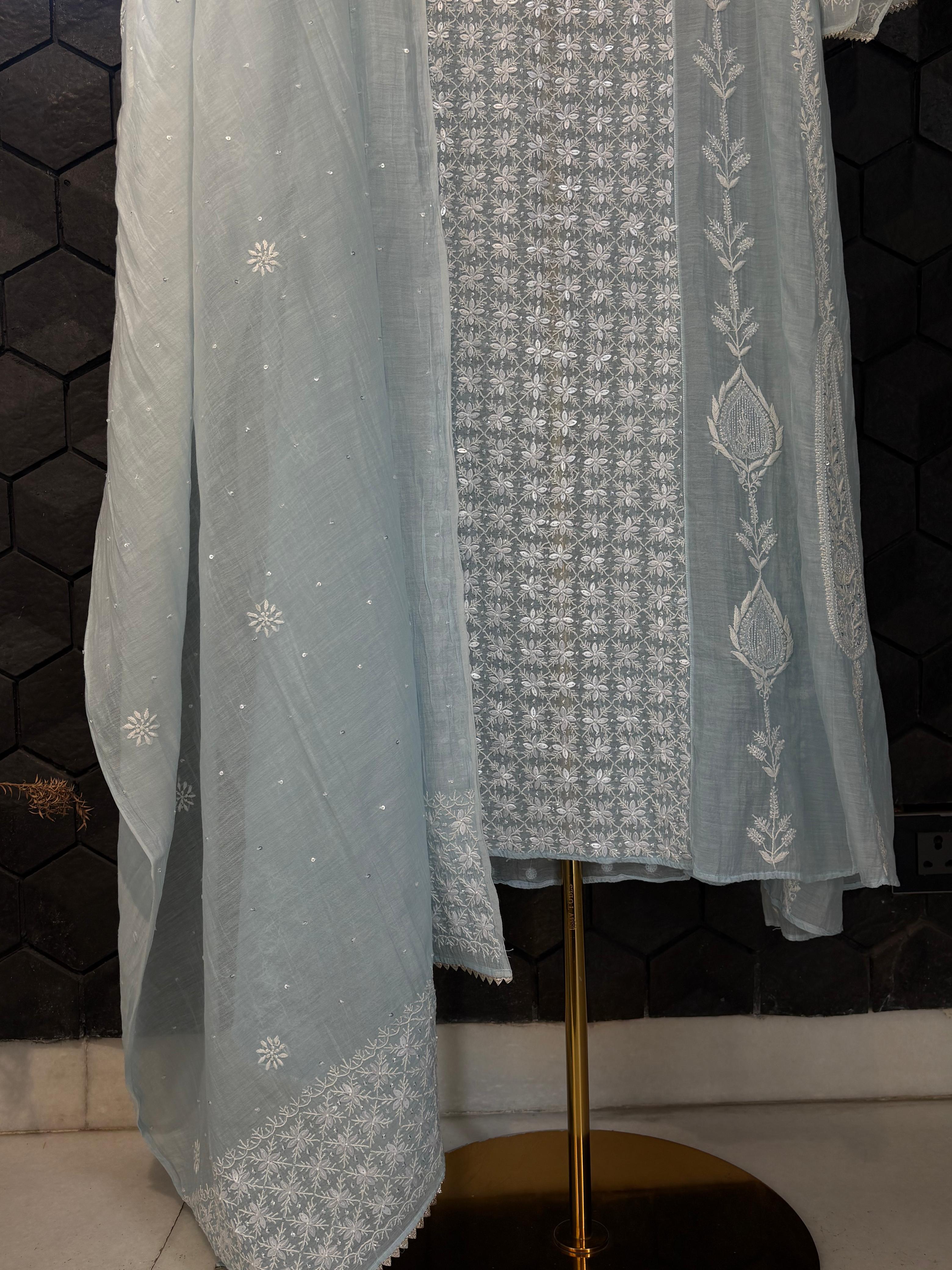 Sky Blue Mul Chanderi Anarkali
