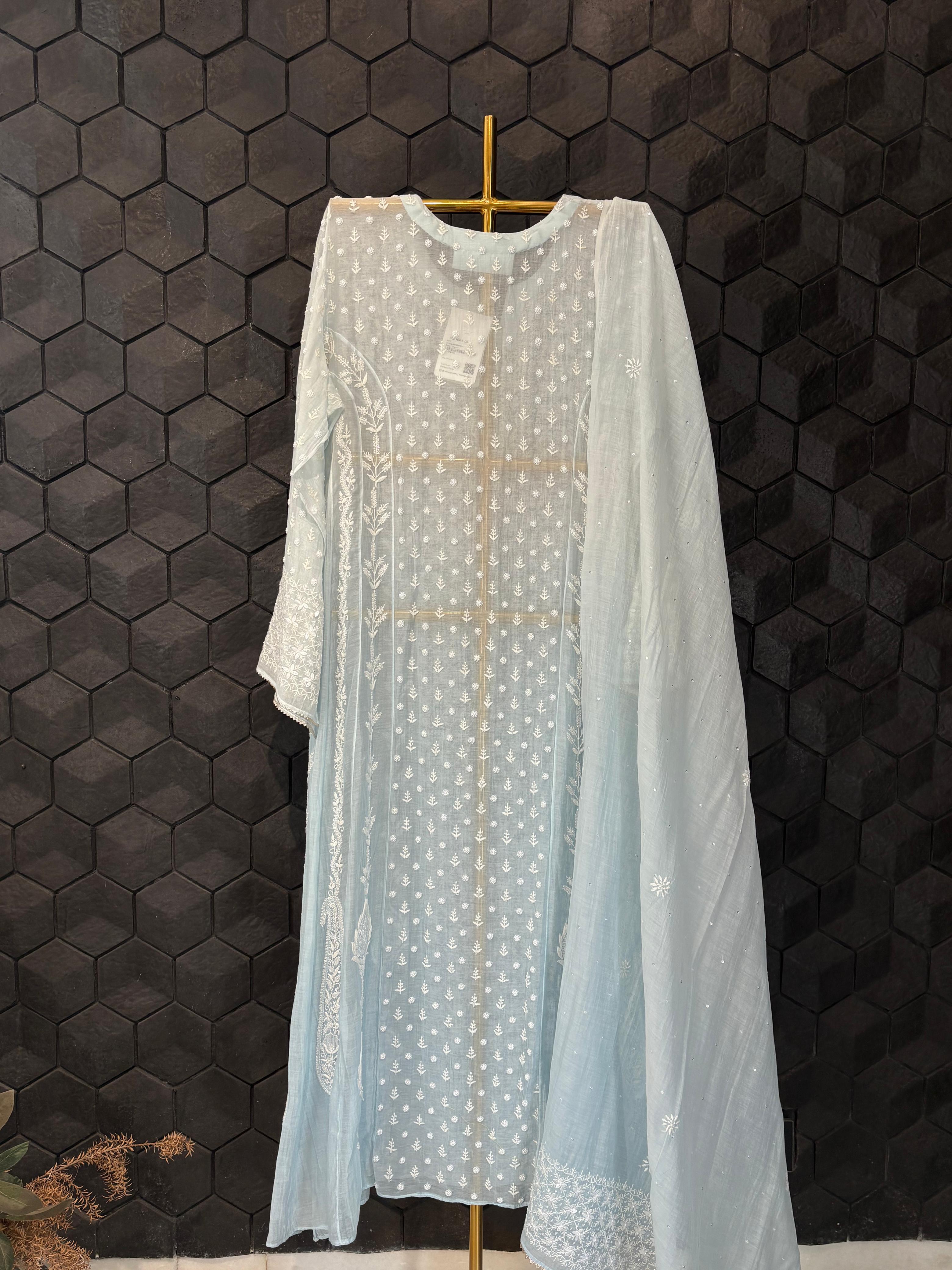 Sky Blue Mul Chanderi Anarkali