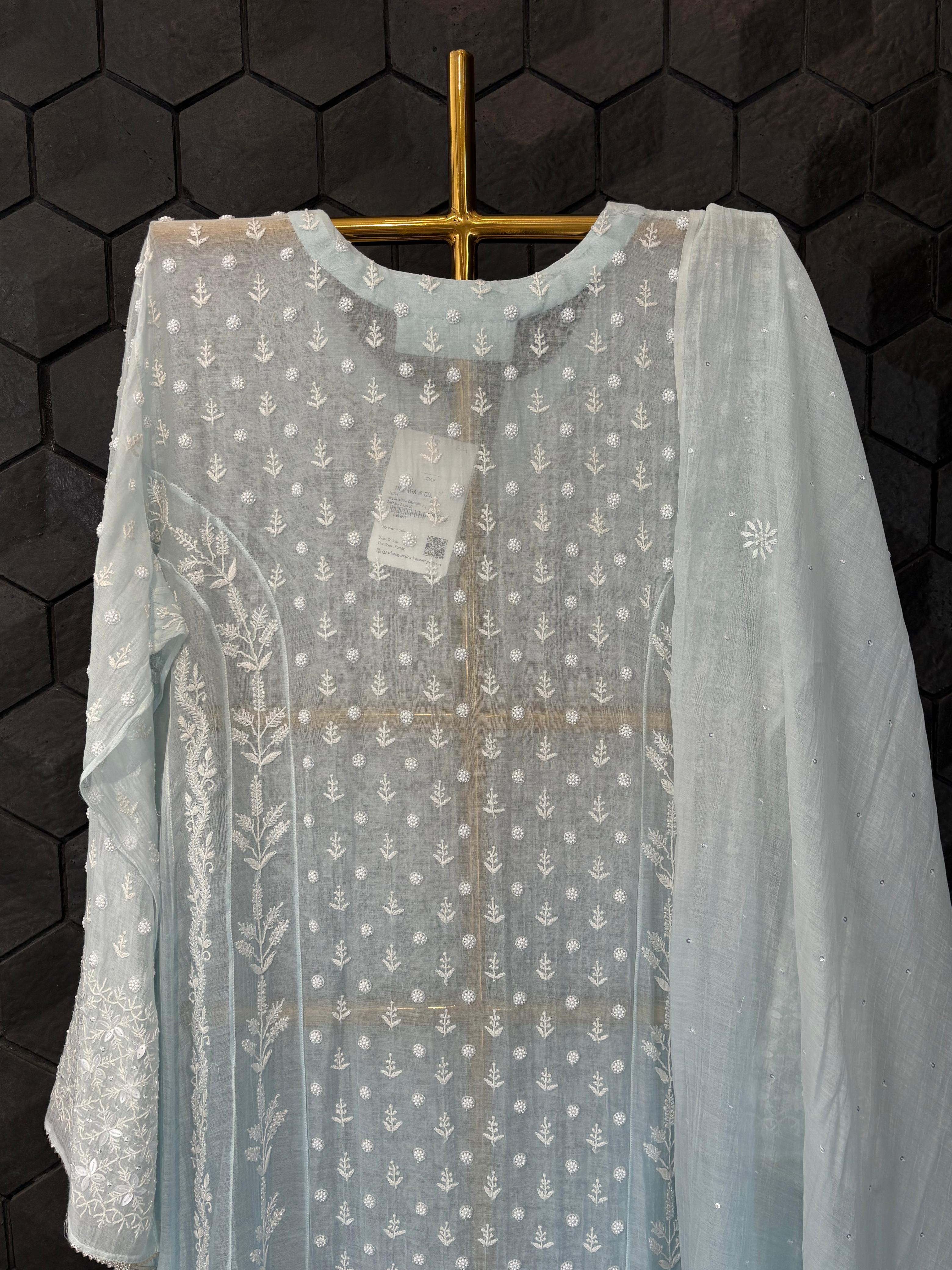 Sky Blue Mul Chanderi Anarkali