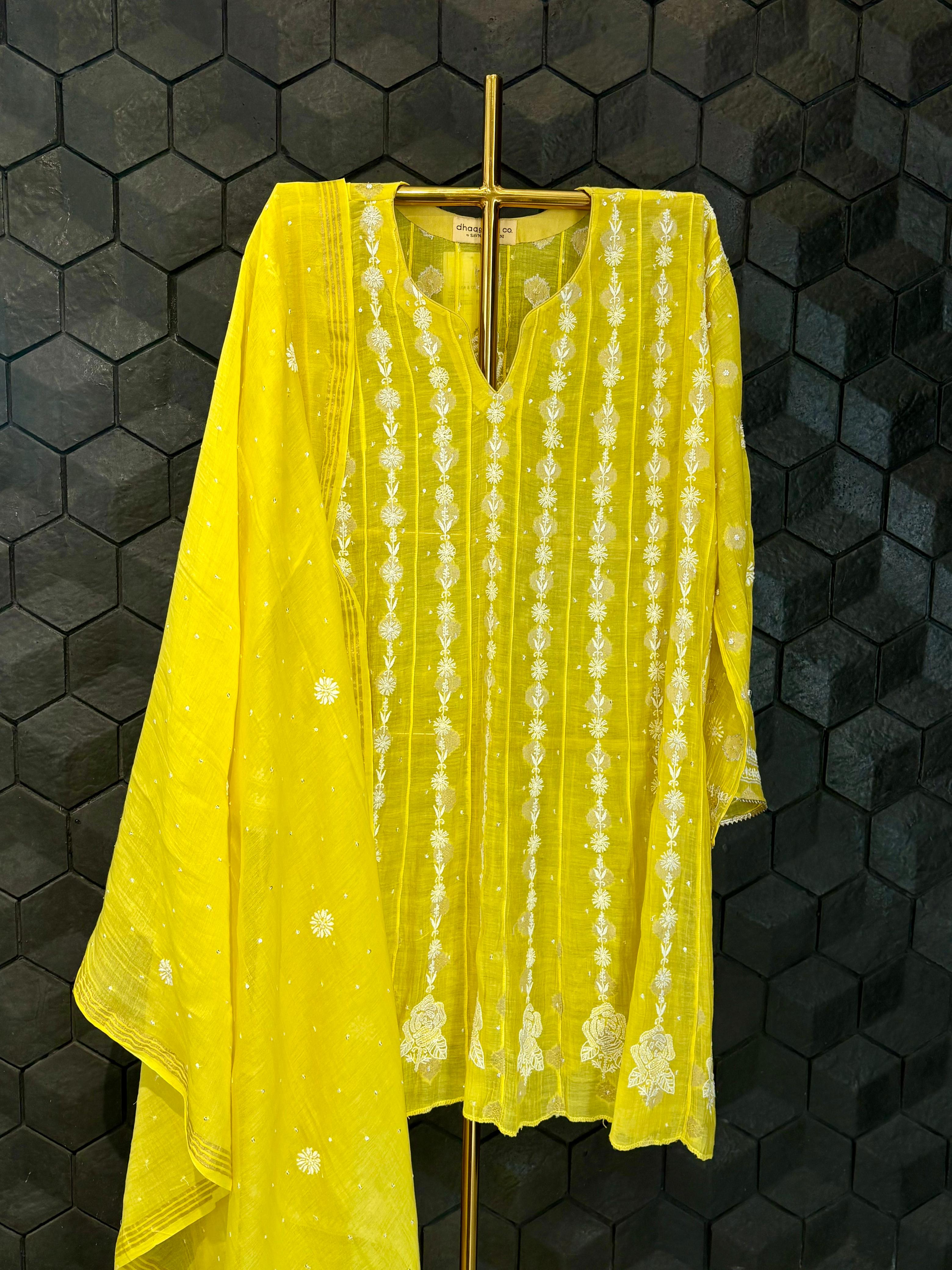 Yellow Mul Chanderi Kurta Set