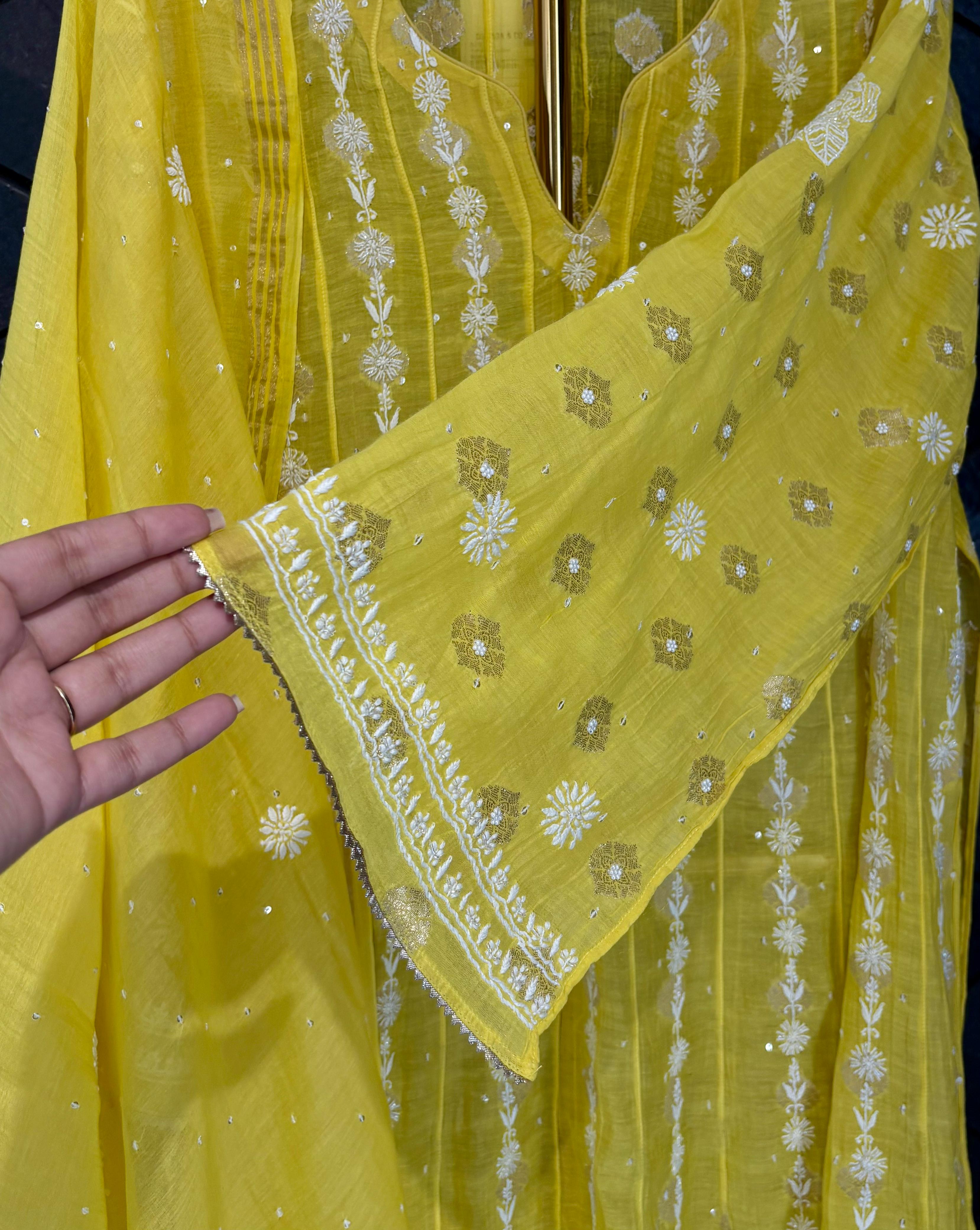 Yellow Mul Chanderi Kurta Set