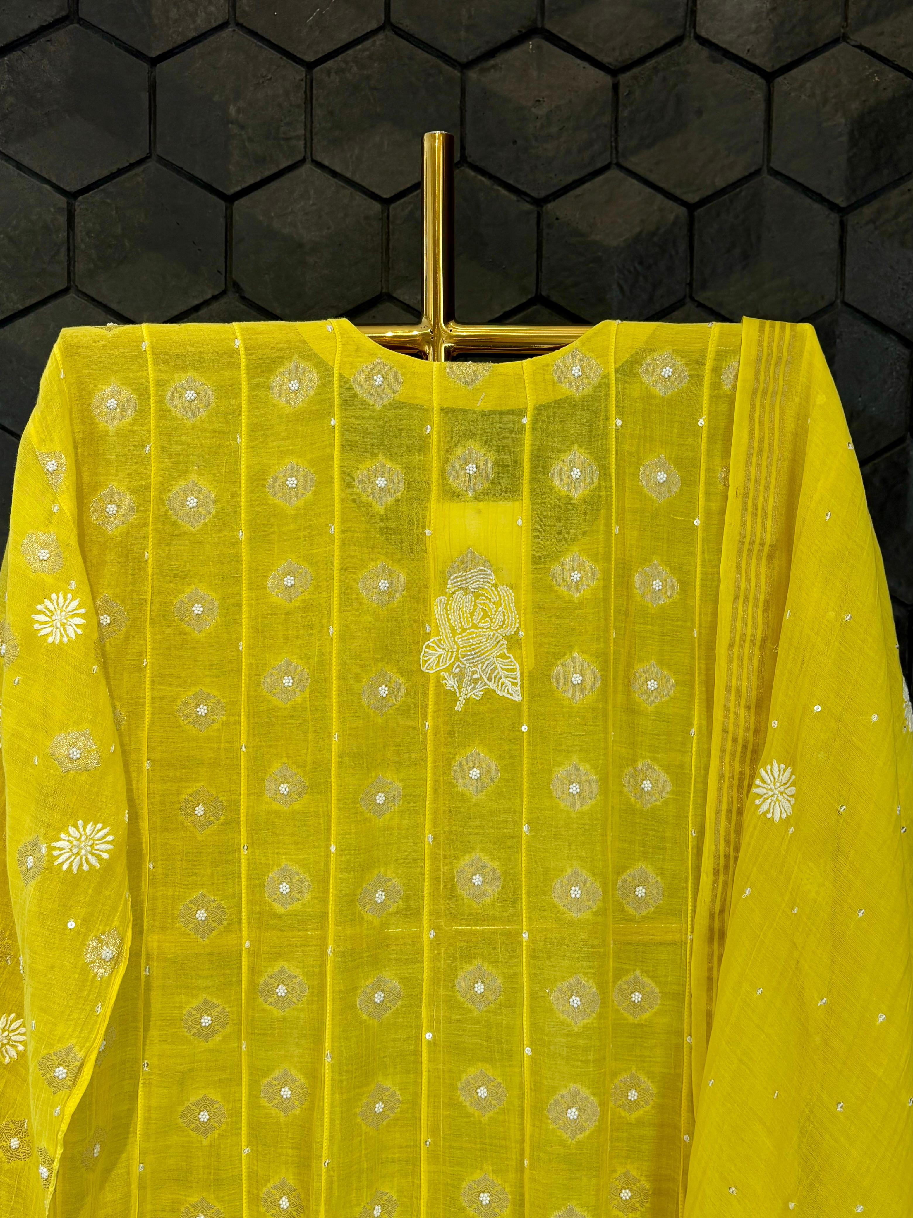 Yellow Mul Chanderi Kurta Set