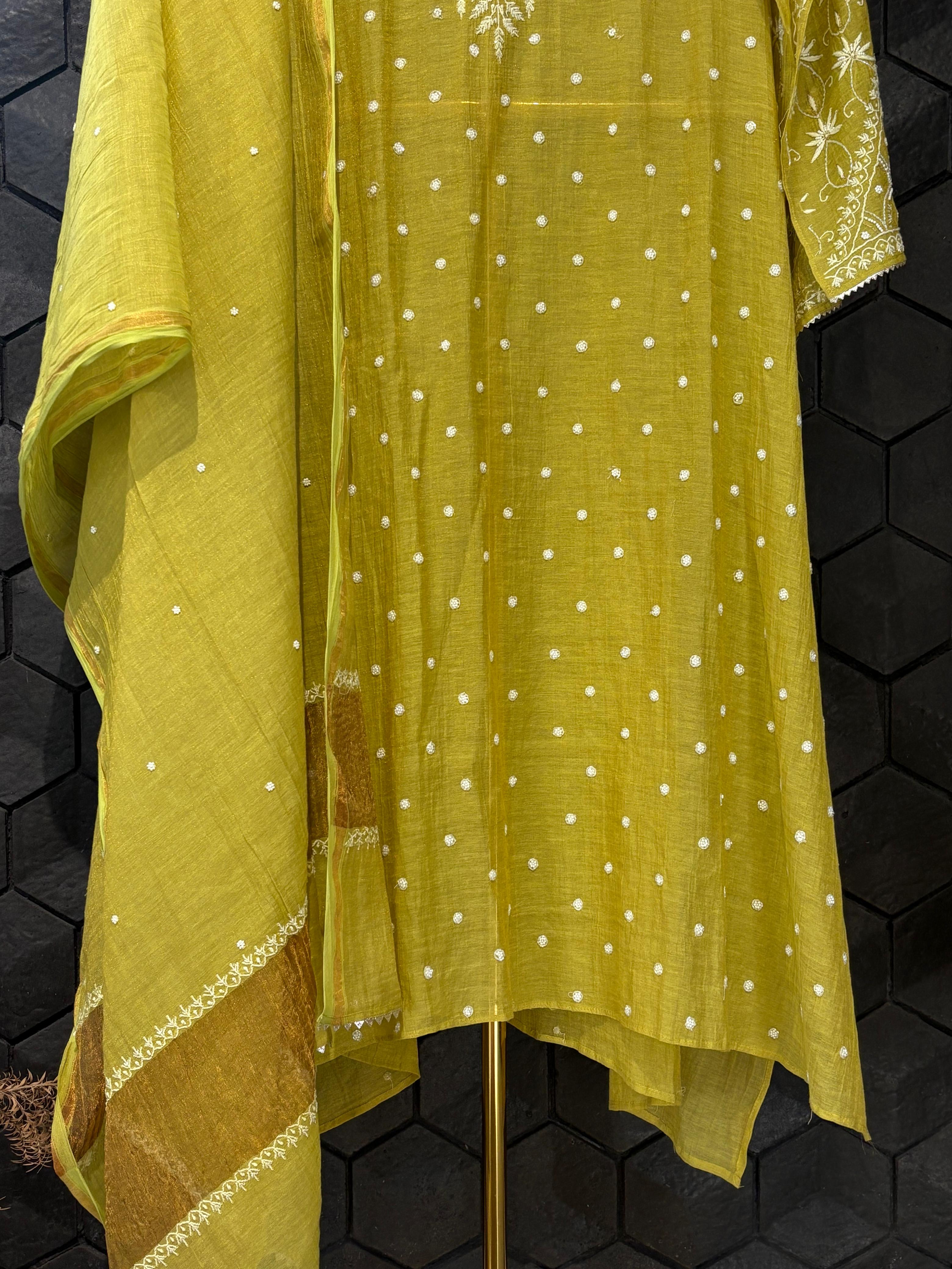 Mul Chanderi Chikankari Kurta Set